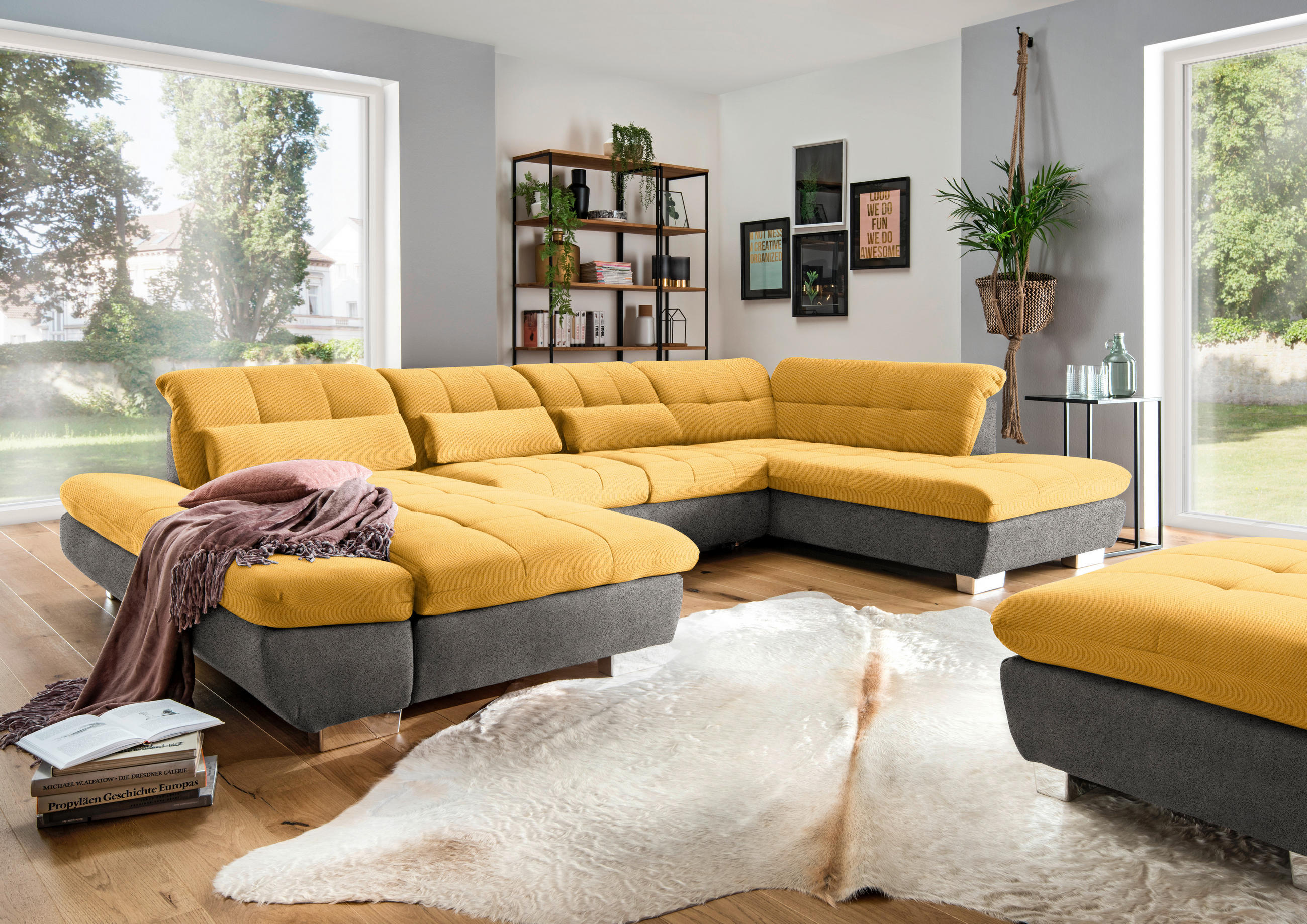 WOHNLANDSCHAFT in Mikrofaser Grau, Dunkelgelb  - Chromfarben/Dunkelgelb, Design, Kunststoff/Textil (204/350/211cm) - Xora