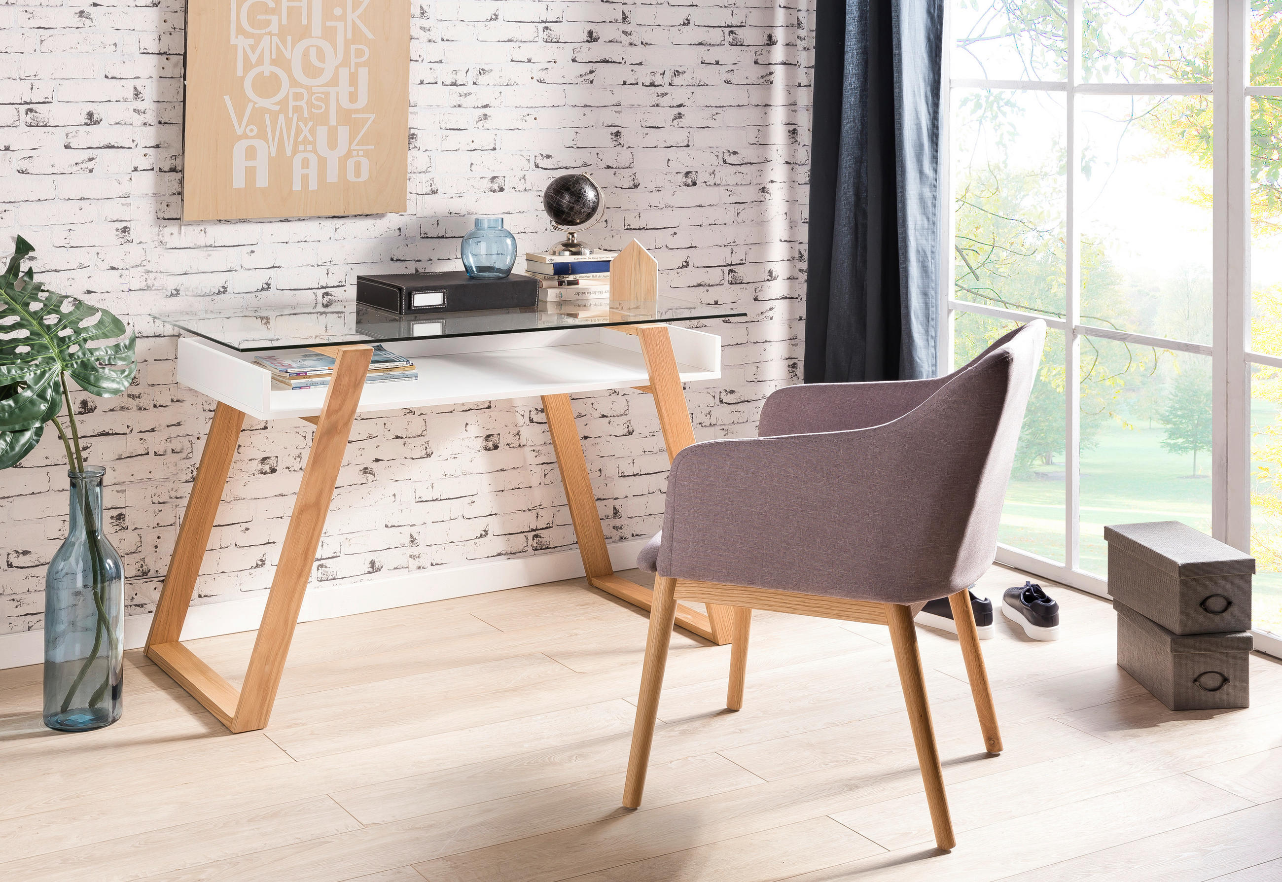 SCHREIBTISCH 110/55/75 cm  in Weiß, Eichefarben  - Eichefarben/Weiß, MODERN, Glas/Holz (110/55/75cm) - Livetastic