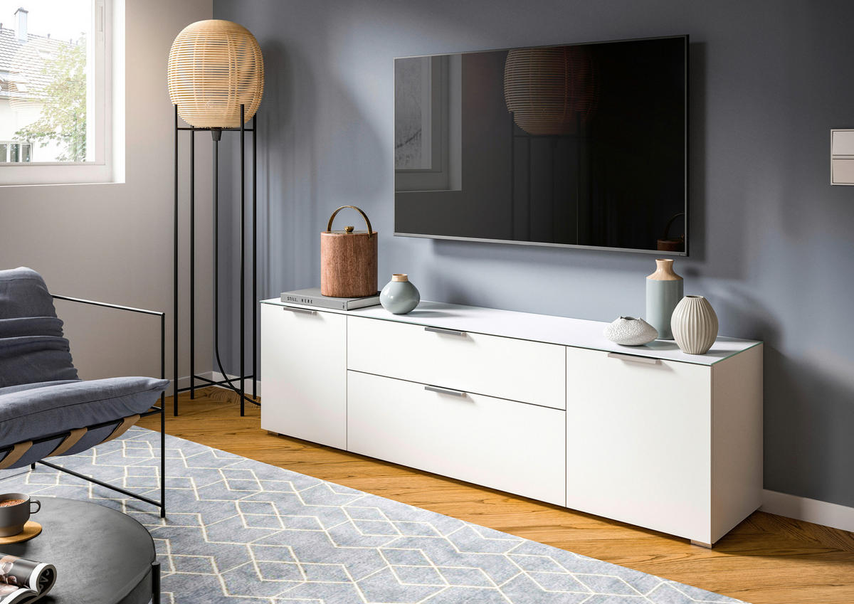 TV KOMODA   179/51/40 cm   bijela   - bijela/srebrne boje, Design, staklo/drvni materijal (179/51/40cm) - Modern Living