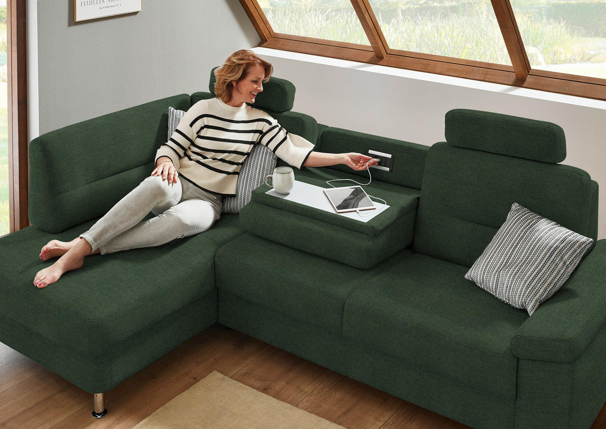 ECKSOFA Flachgewebe Grün  - Alufarben/Grün, Konventionell, Textil/Metall (160/244cm) - Beldomo Comfort