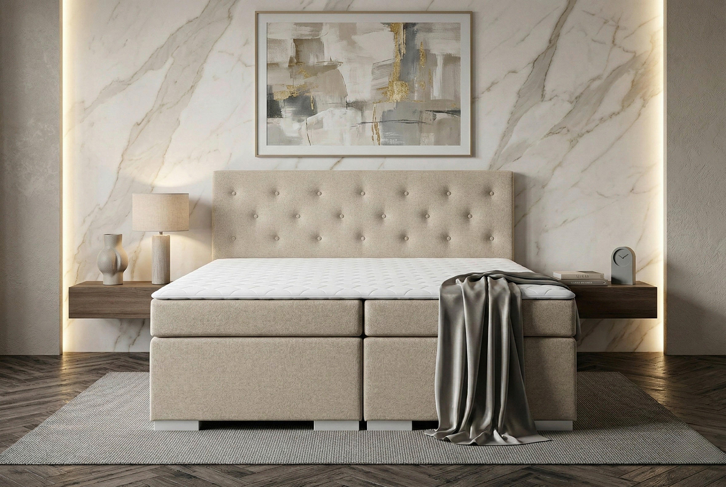 BOXSPRINGBETT 180/200 cm,  in Beige, Topper, Matratzen, H3 = fest  - Chromfarben/Beige, Basics, Holzwerkstoff/Textil (180/200cm) - MID.YOU