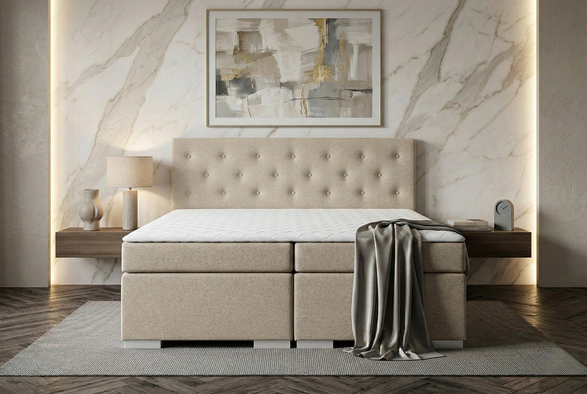 BOXSPRINGBETT 180/200 cm,  in Beige, Topper, Matratzen, H3 = fest  - Chromfarben/Beige, Basics, Holzwerkstoff/Textil (180/200cm) - MID.YOU