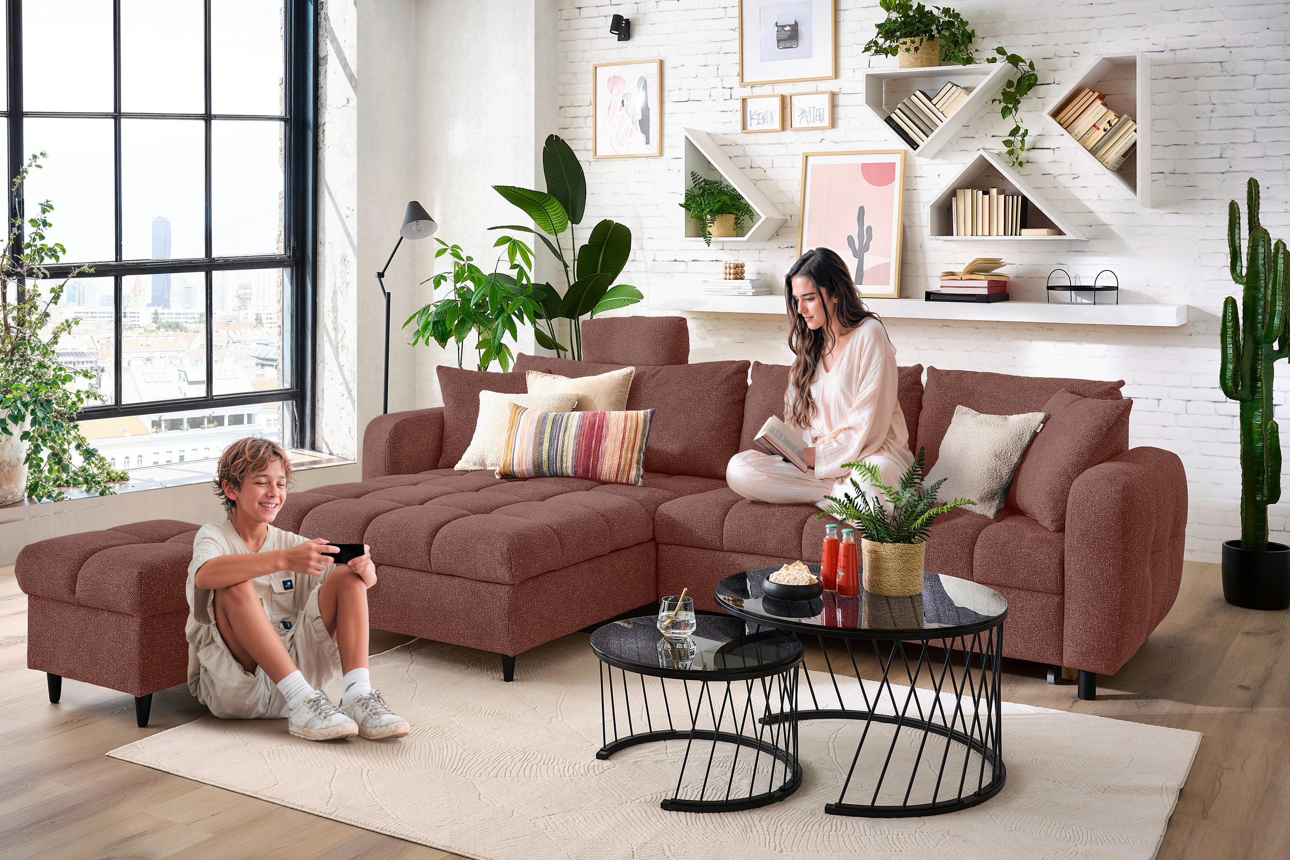 ECKSOFA inkl. Funktionen Rostfarben, Dunkelbraun Velours  - Rostfarben/Dunkelbraun, MODERN, Holz/Textil (282/184cm) - Lomoco