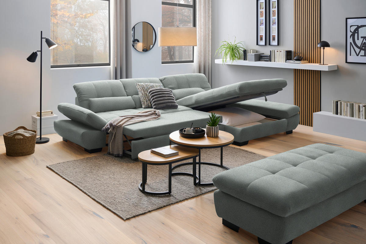 ECKSOFA  in Flachgewebe Mintgrau  341/204 cm  - Mintgrau/Schwarz, Design, Textil/Metall (341/204cm) - Xora