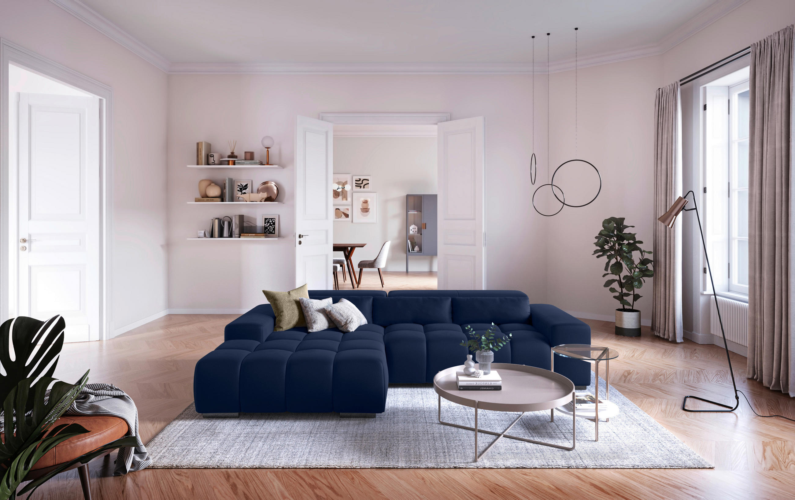 ECKSOFA Dunkelblau Velours  - Silberfarben/Dunkelblau, KONVENTIONELL, Textil/Metall (186/307cm) - Livetastic