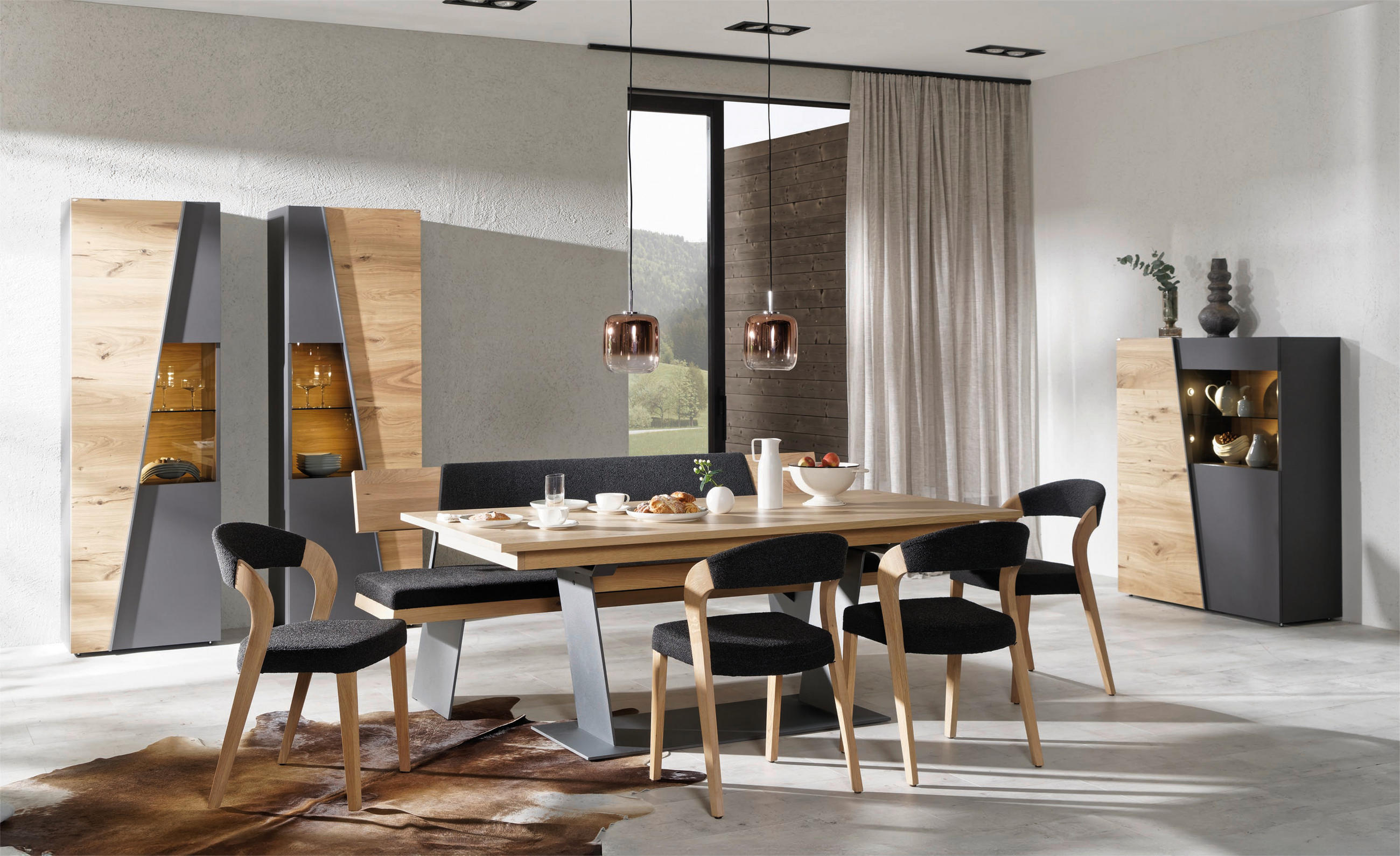 Thumbnail - Voglauer Esstisch, Graphit, Wildeiche, Holz, Wildeiche, furniert, mehrschichtige Massivholzplatte (Tischlerplatte), rech...