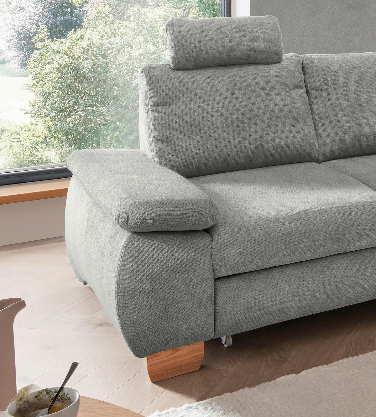ECKSCHLAFSOFA in Chenille Grau  - Wildeiche/Grau, Modern, Holz/Textil (261/206cm) - Livetastic