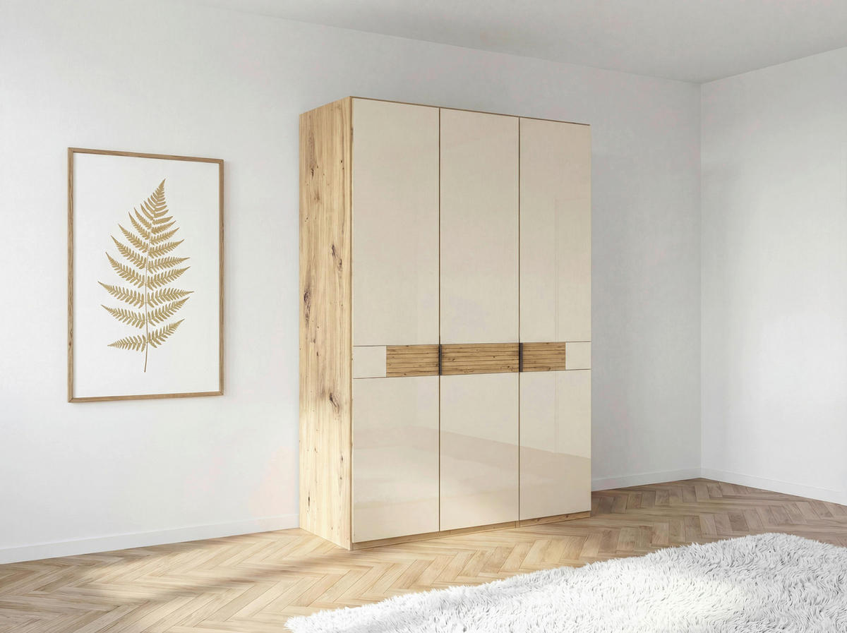 DREHTÜRENSCHRANK 150/216/58 cm,  in Champagner, Eiche Bianco, 3 Tür(en)  - Schieferfarben/Eiche Bianco, Design, Glas/Holz (150/216/58cm) - Musterring