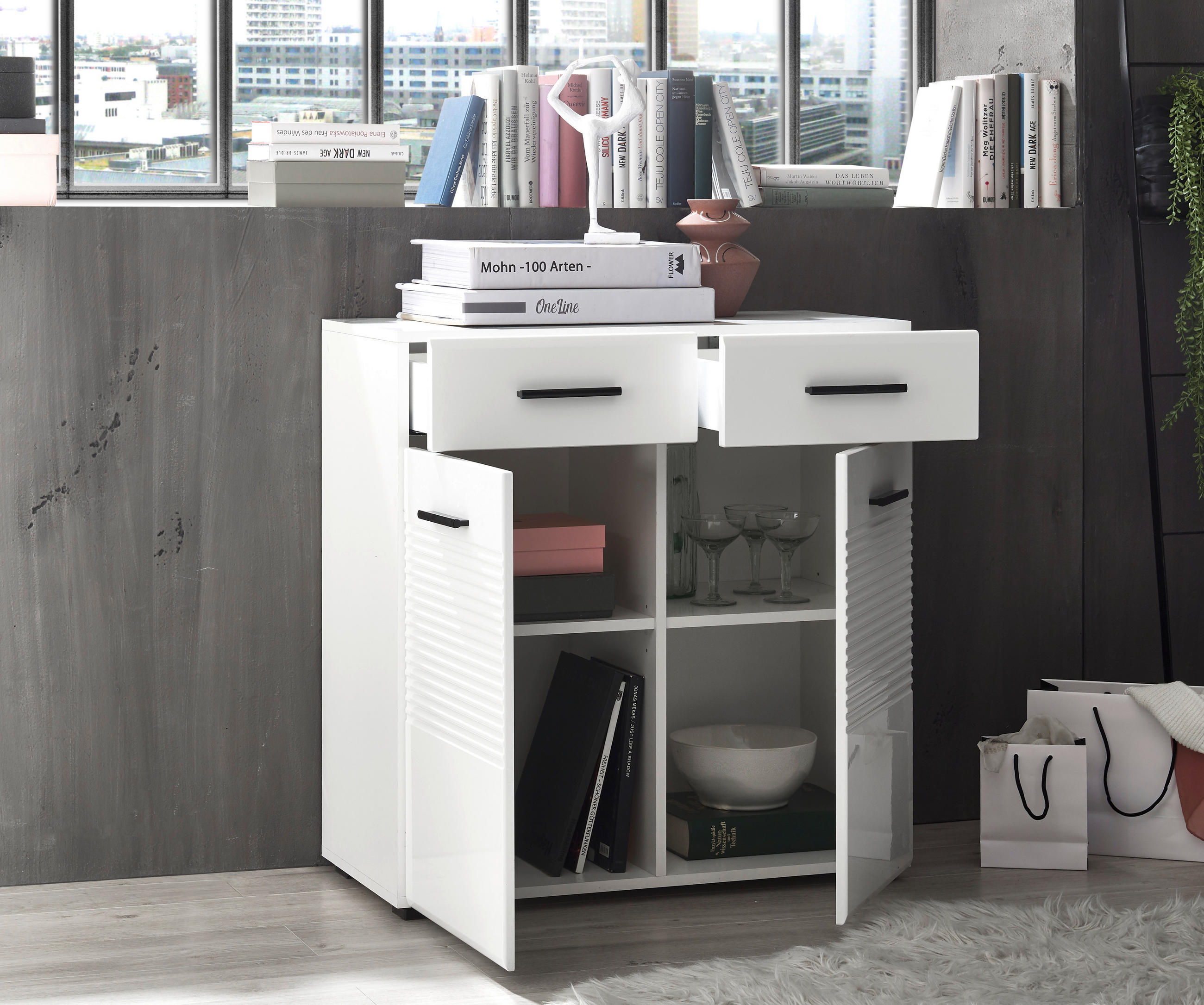 Thumbnail - Carryhome Kommode, Weiß, Weiß Hochglanz, Kunststoff, 1 Fächer, 2 Schubladen, 80x83x40 cm, Typenauswahl, Wohnzimmer, Komm...