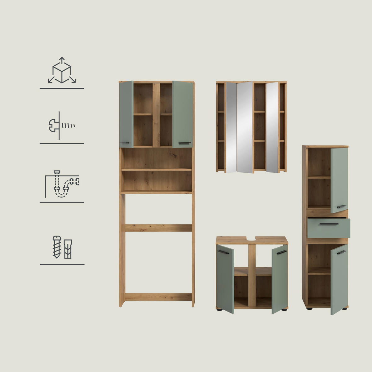 BADEZIMMER 4-teilig  in 188 cm  - Salbeigrün/Schwarz, Trend, Glas/Holzwerkstoff (188cm) - MID.YOU