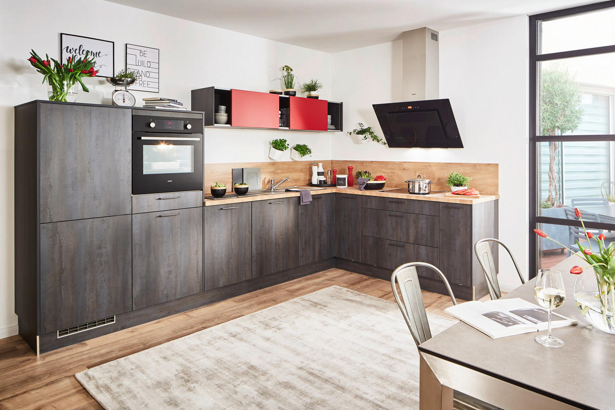 EINBAUKÜCHE METEOR  - Rot/Schwarz, LIFESTYLE, Holzwerkstoff - Moderano