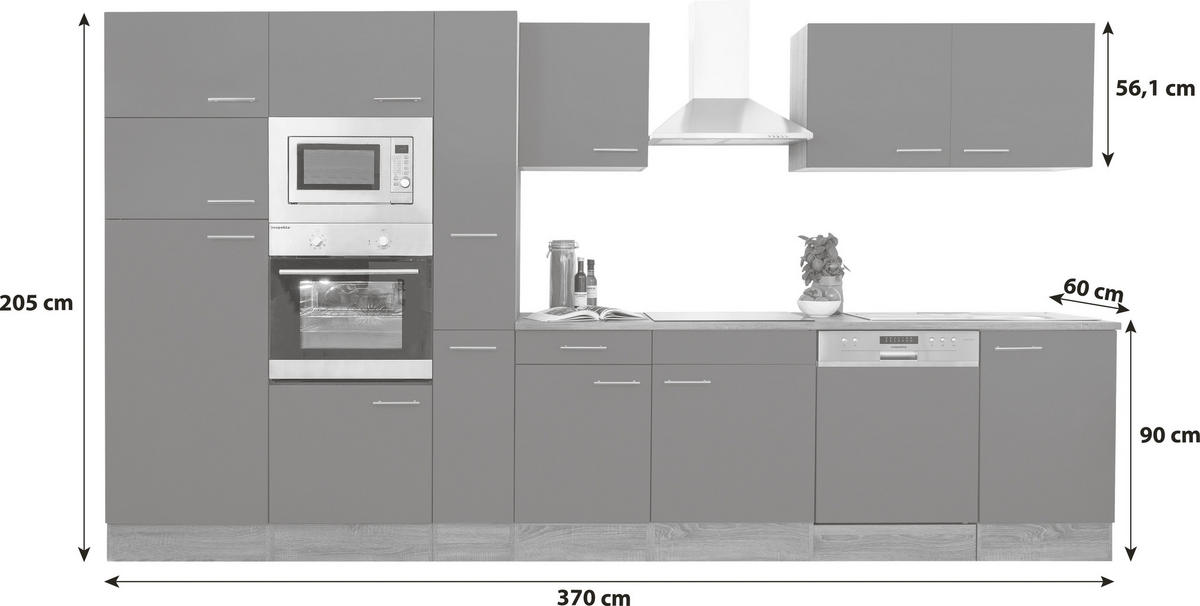 KÜCHENLEERBLOCK 370 cm   in Grau  - Edelstahlfarben/Eichefarben, Basics, Holzwerkstoff/Metall (370cm) - Respekta
