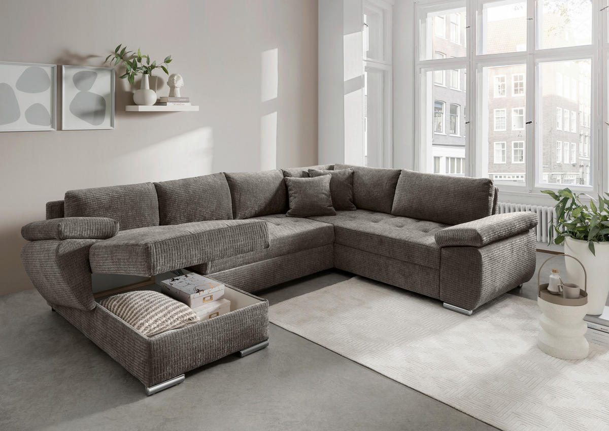 WOHNLANDSCHAFT Graubraun Mikrofaser  - Chromfarben/Graubraun, KONVENTIONELL, Textil/Metall (157/305/219cm) - Livetastic