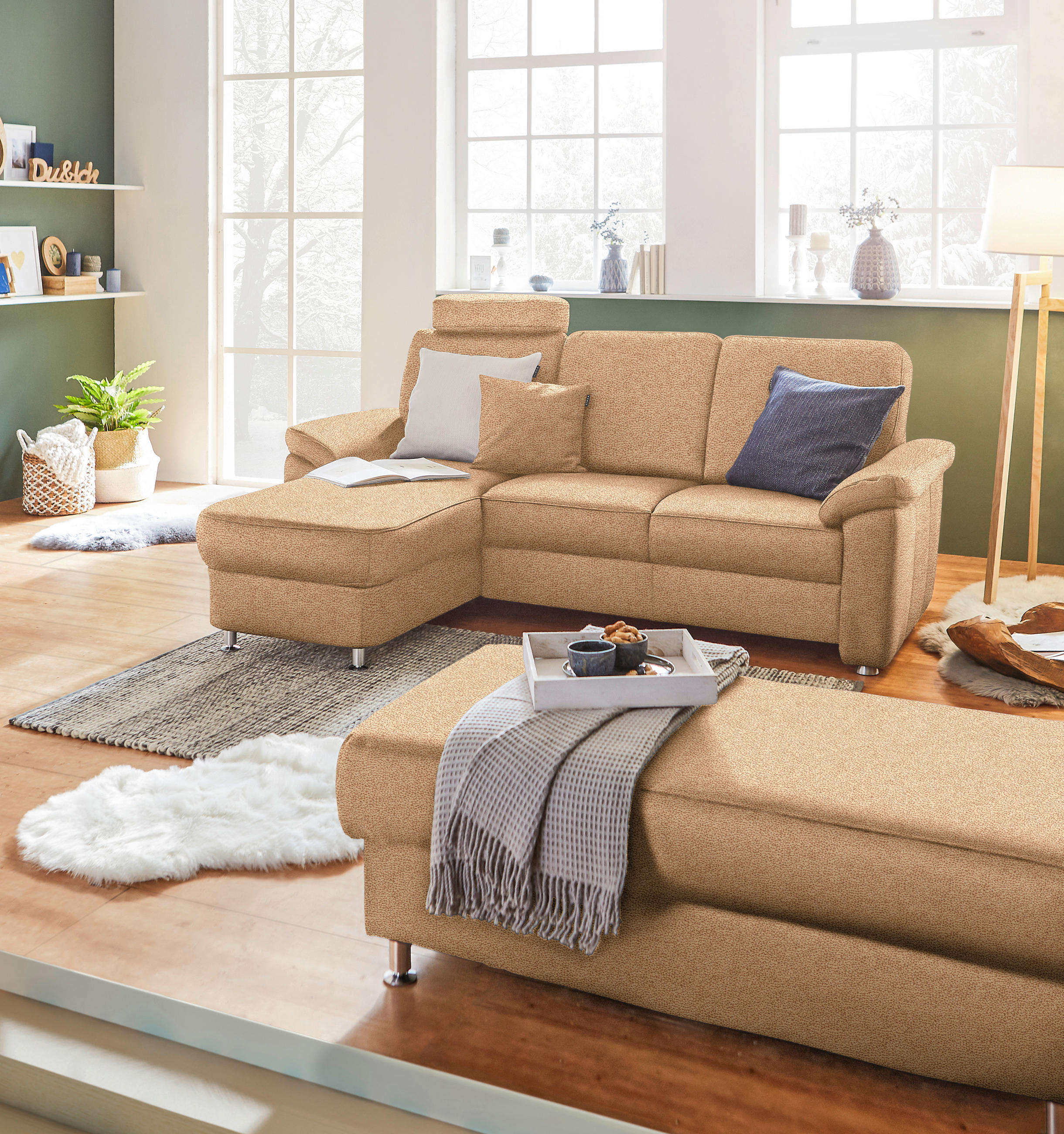 ECKSOFA in Flachgewebe Hellbraun  - Chromfarben/Hellbraun, Konventionell, Textil/Metall (163/220cm) - Beldomo System