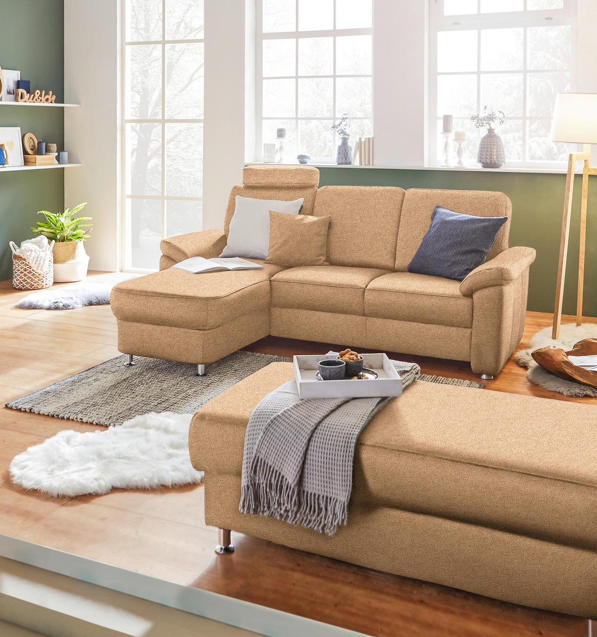 ECKSOFA in Flachgewebe Hellbraun  - Chromfarben/Hellbraun, Konventionell, Textil/Metall (163/220cm) - Beldomo System
