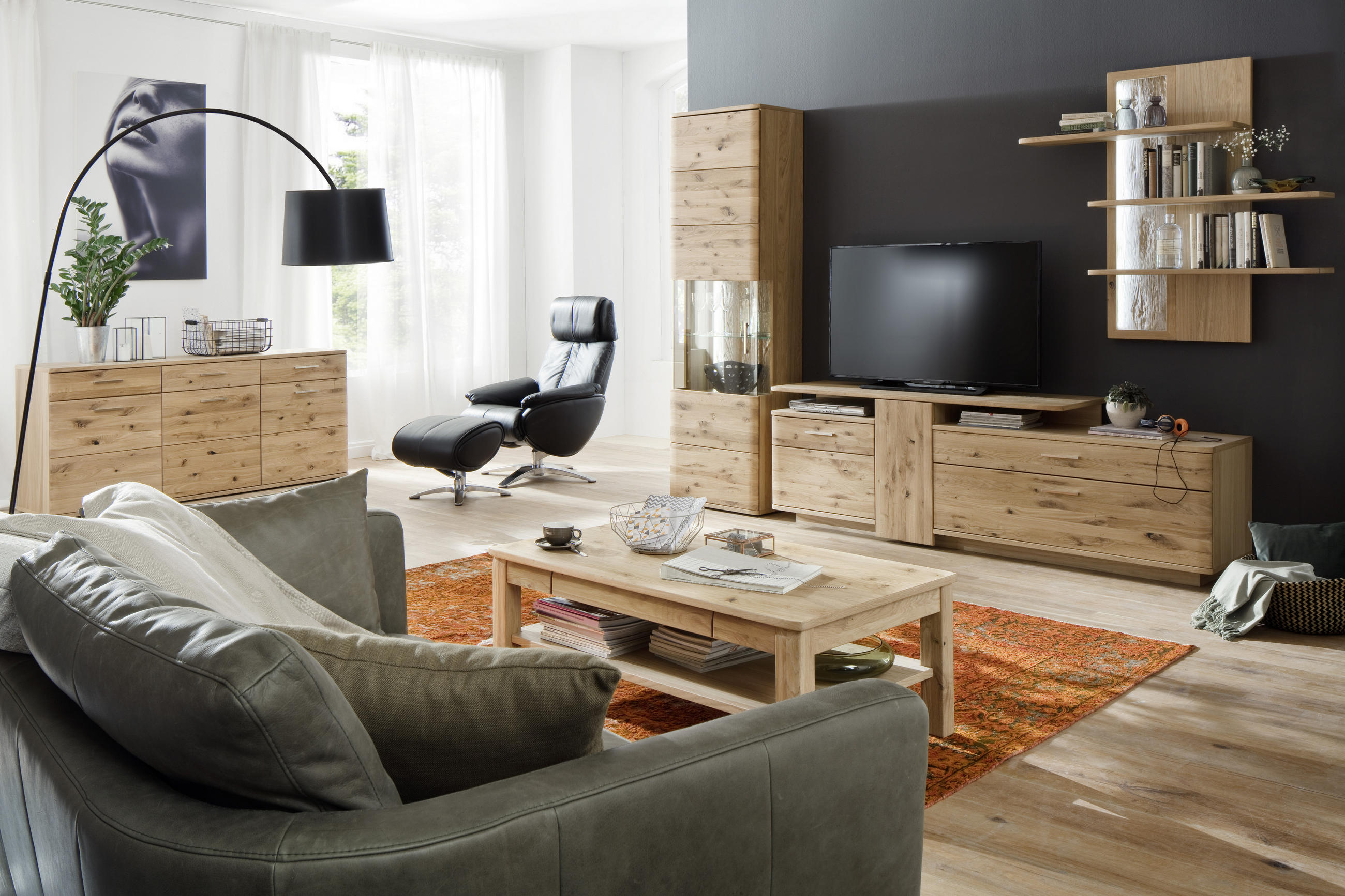 WOHNWAND  in Eichefarben  320/208/45 cm  - Eichefarben/Schwarz, Design, Glas/Holz (320/208/45cm) - Livetastic