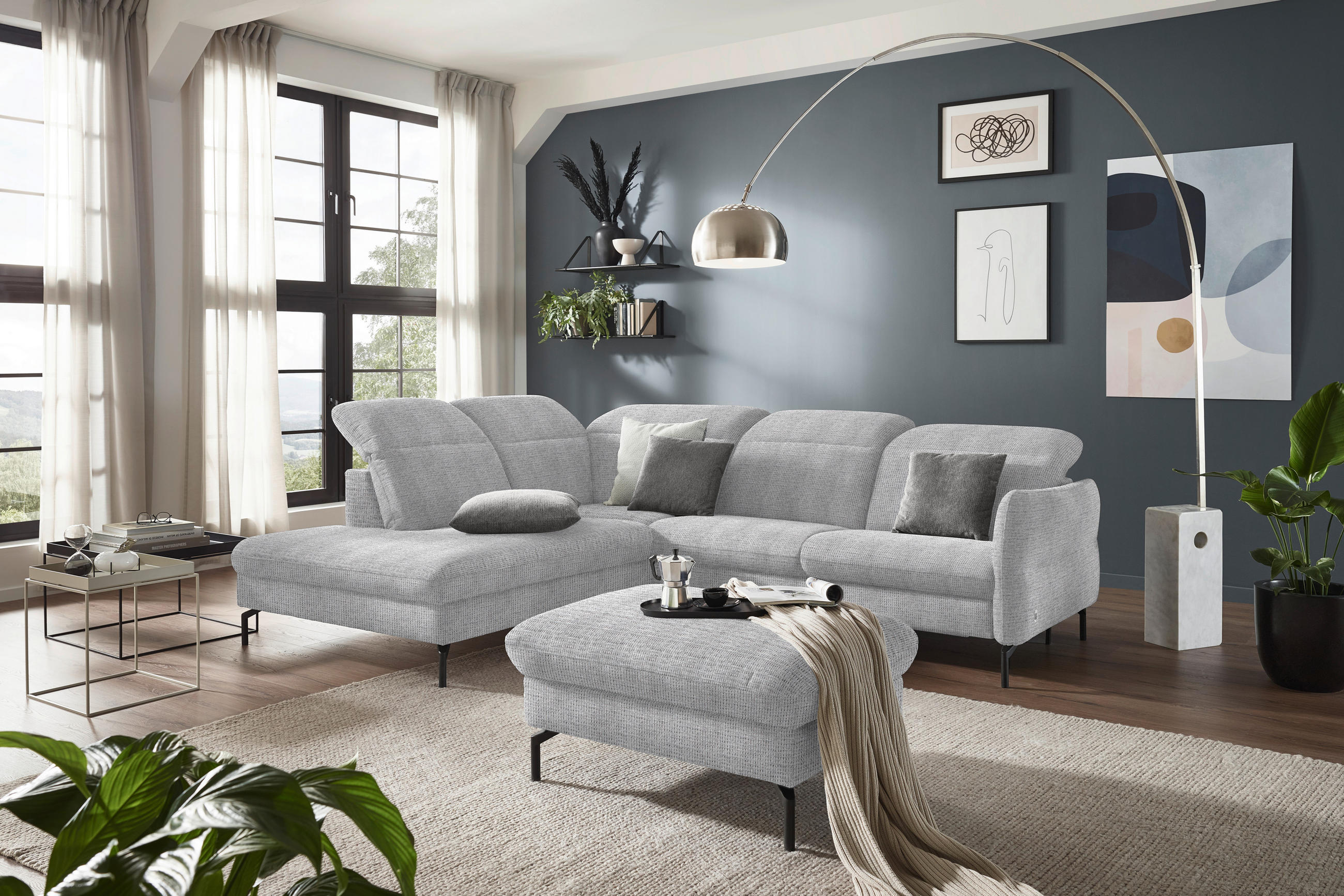 ECKSOFA in Flachgewebe Hellgrau  - Hellgrau/Schwarz, Design, Textil/Metall (233/299-313cm) - Dieter Knoll