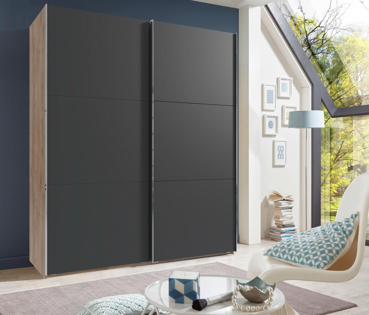 SCHWEBETÜRENSCHRANK 150/216/65 cm Graphitfarben, Plankeneiche  - Chromfarben/Plankeneiche, MODERN, Holzwerkstoff/Metall (150/216/65cm) - MID.YOU