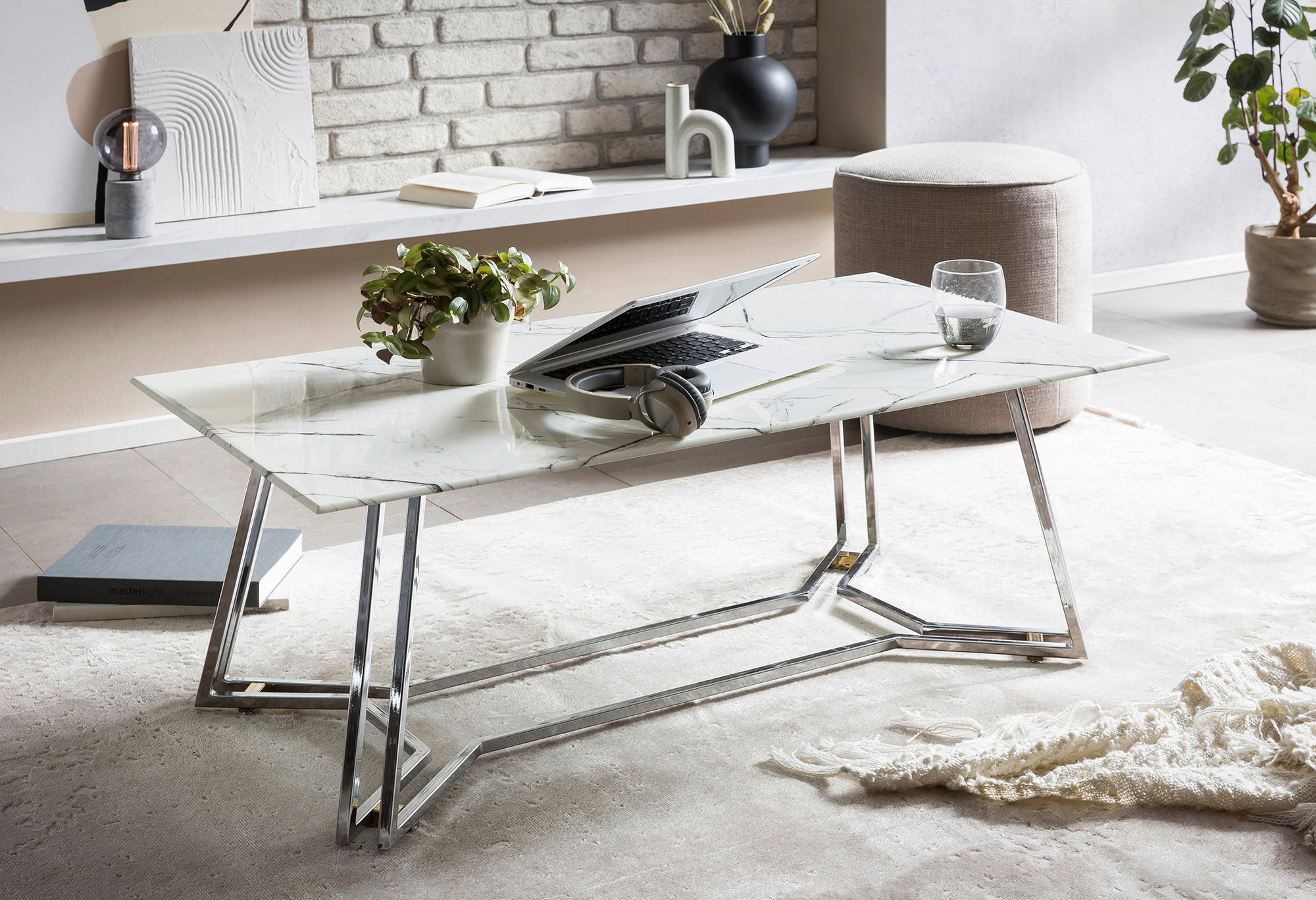 COUCHTISCH Sicherheitsglas 110/60/40 cm rechteckig Weiß, Chromfarben  - Chromfarben/Weiß, Design, Glas/Metall (110/60/40cm) - Livetastic