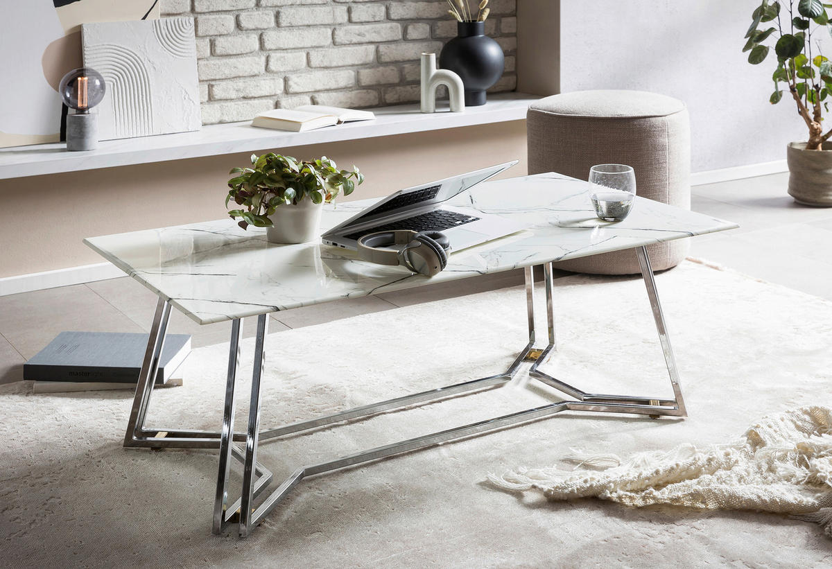 COUCHTISCH Sicherheitsglas 110/60/40 cm rechteckig Weiß, Chromfarben  - Chromfarben/Weiß, Design, Glas/Metall (110/60/40cm) - Livetastic