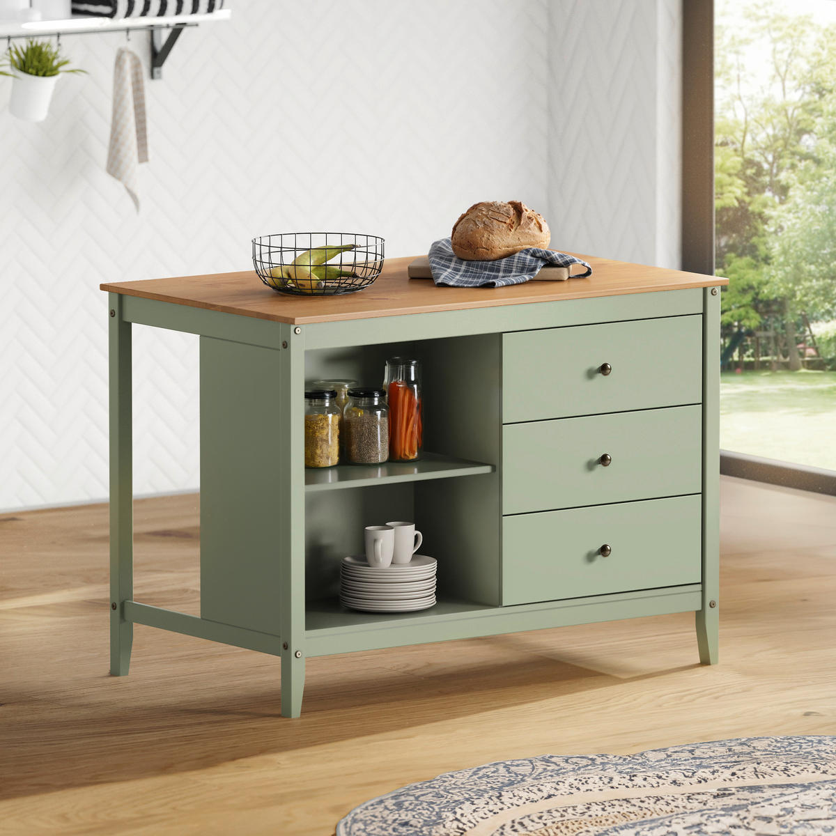 KÜCHENINSEL 122/90/77 cm  in Hellbraun, Olivgrün  - Hellbraun/Zinkfarben, MODERN, Holz/Metall (122/90/77cm) - Livetastic