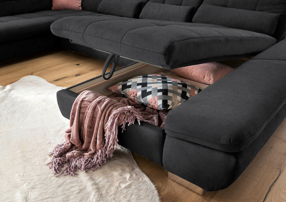 WOHNLANDSCHAFT in Mikrofaser Graphitfarben  - Chromfarben/Graphitfarben, Design, Kunststoff/Textil (211/350/204cm) - Xora