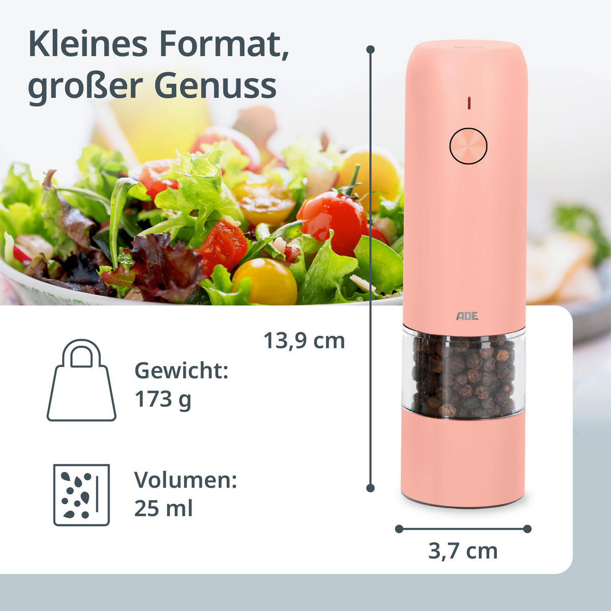 ELEKTR. SALZ-/PFEFFERMÜHLE  - Koralle, Basics, Kunststoff/Metall (3,8/3,8/14cm) - ADE