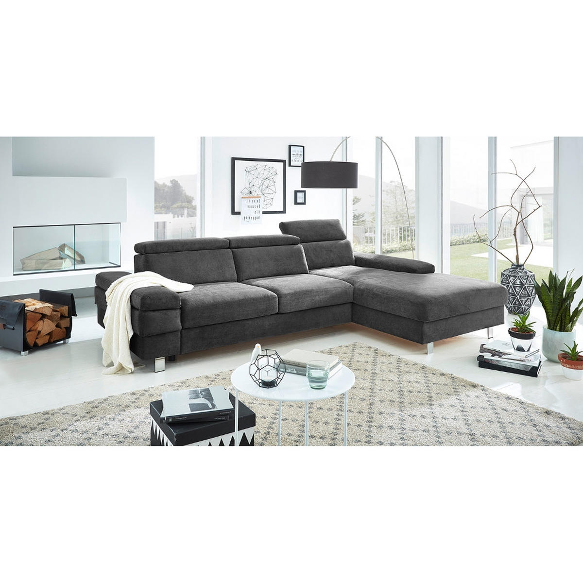 ECKSOFA in Webstoff Anthrazit  - Anthrazit/Silberfarben, KONVENTIONELL, Textil/Metall (182/82/260cm) - Trendmanufaktur