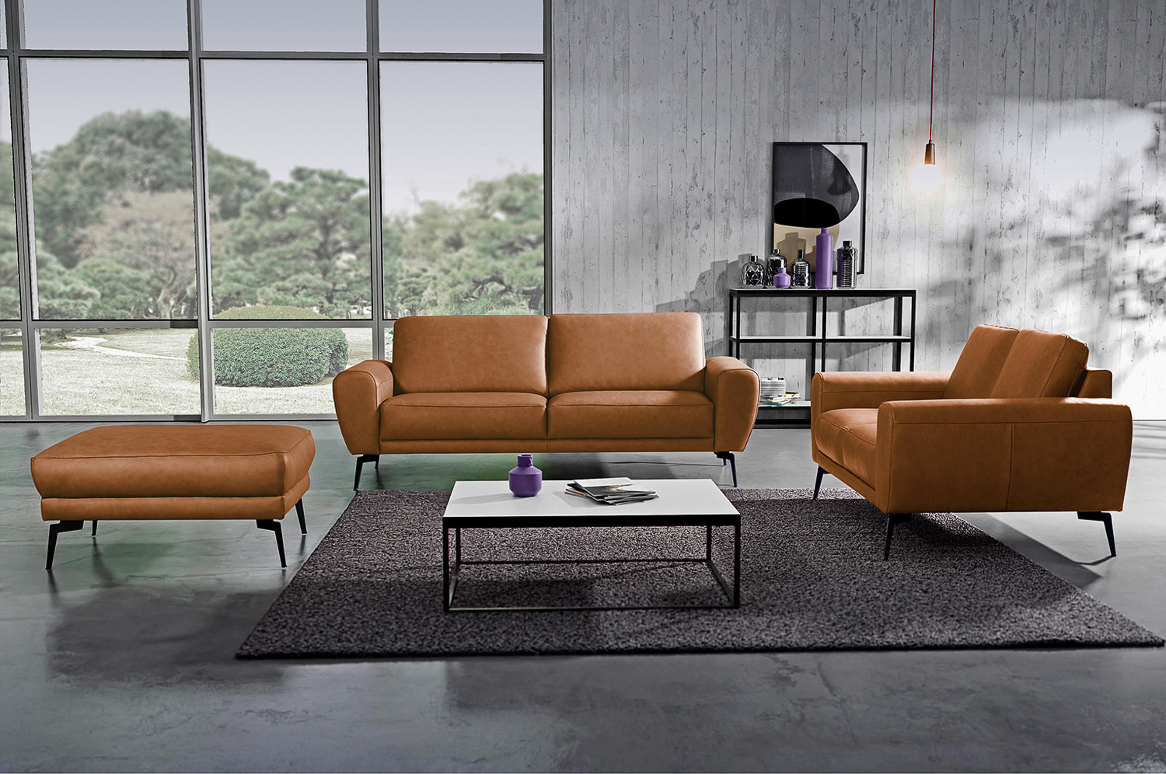 2-SITZER-SOFA Cognac Echtleder  - Cognac/Schwarz, Design, Leder/Metall (177/85/92cm) - Livetastic