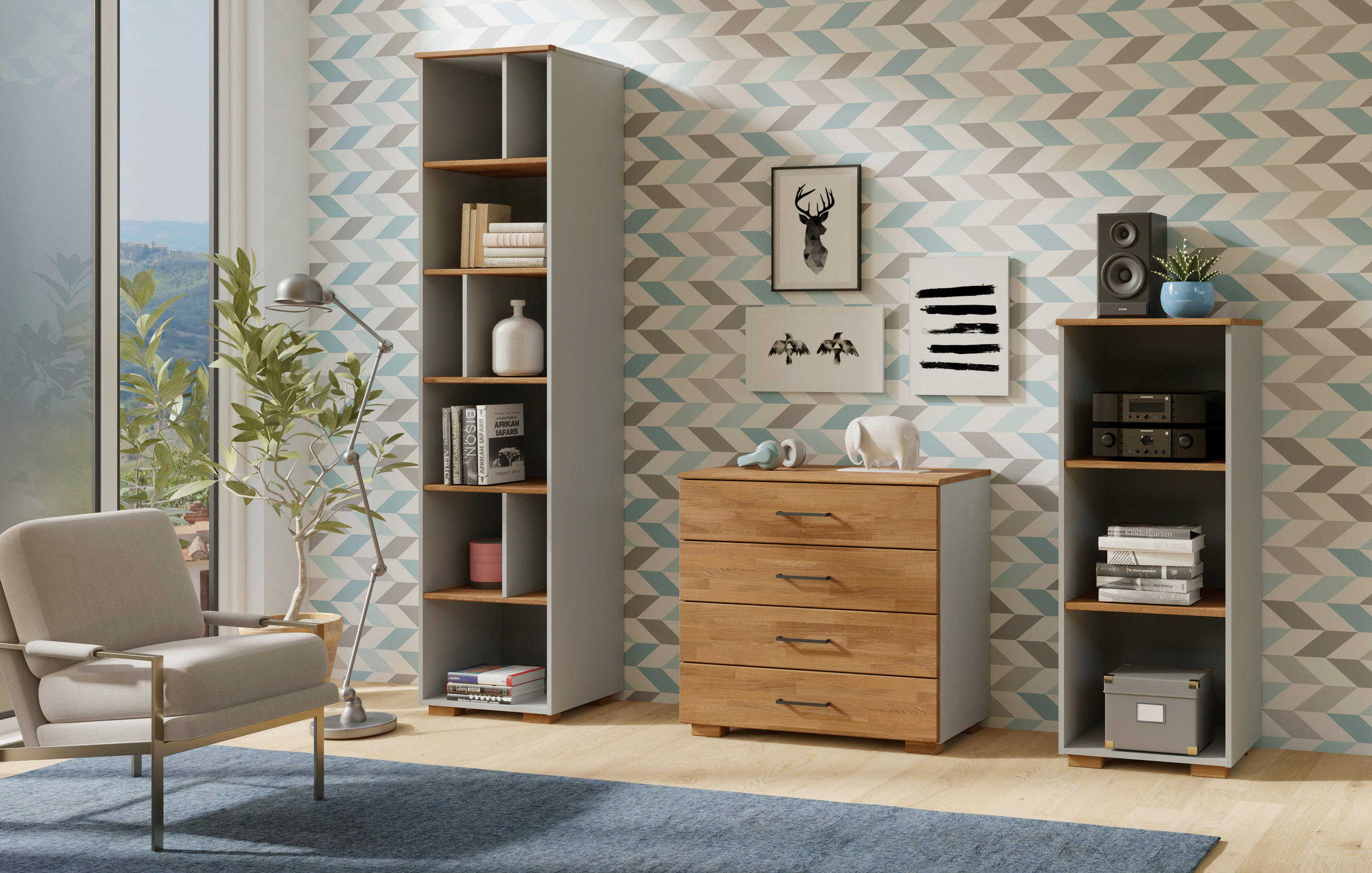 REGAL Eiche massiv Grau, Eichefarben  - Eichefarben/Grau, KONVENTIONELL, Holz/Holzwerkstoff (50/126,5/42cm) - Cantus