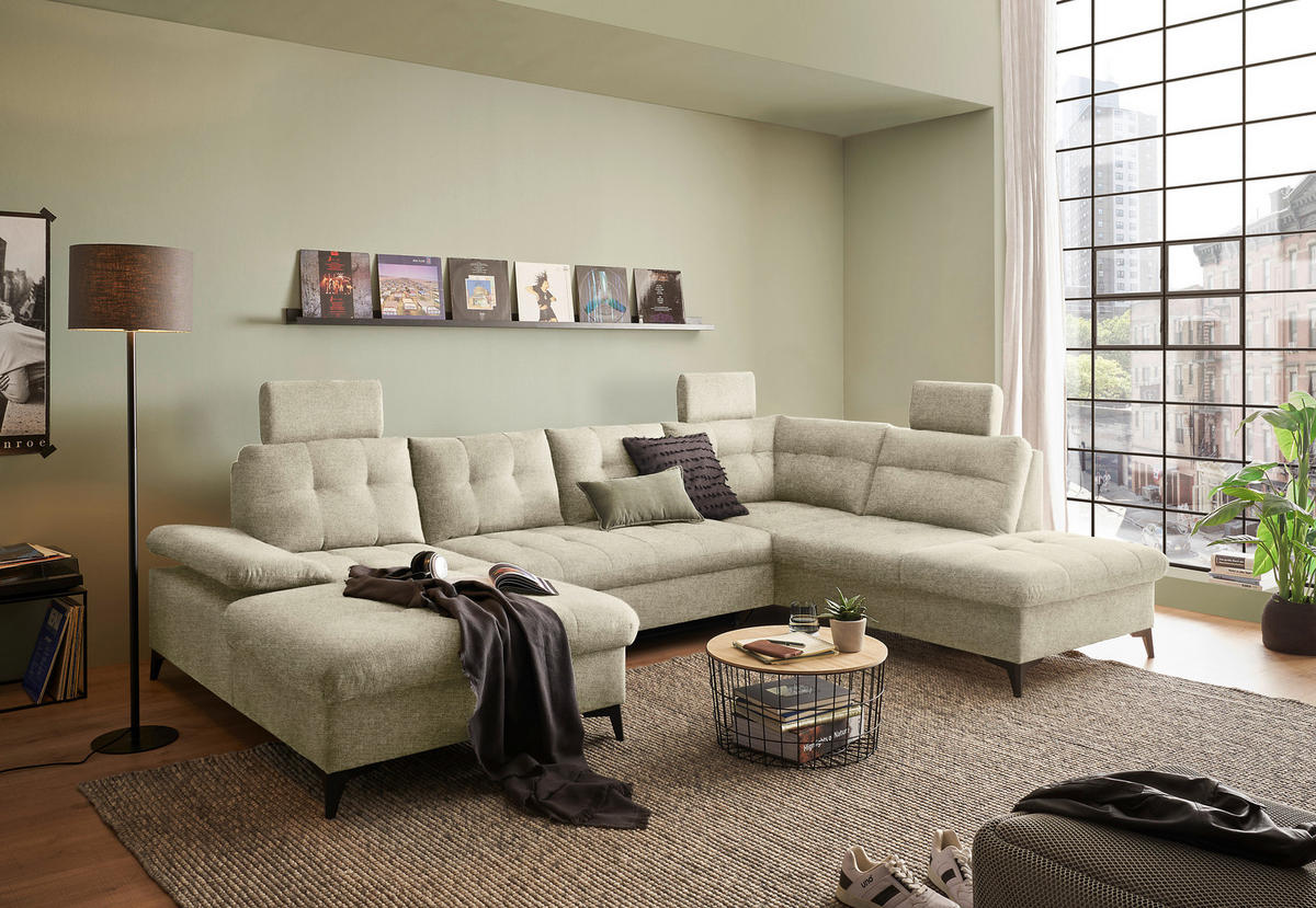 WOHNLANDSCHAFT in Webstoff Beige  - Beige/Schwarz, Konventionell, Kunststoff/Textil (170/324/218cm) - MID.YOU