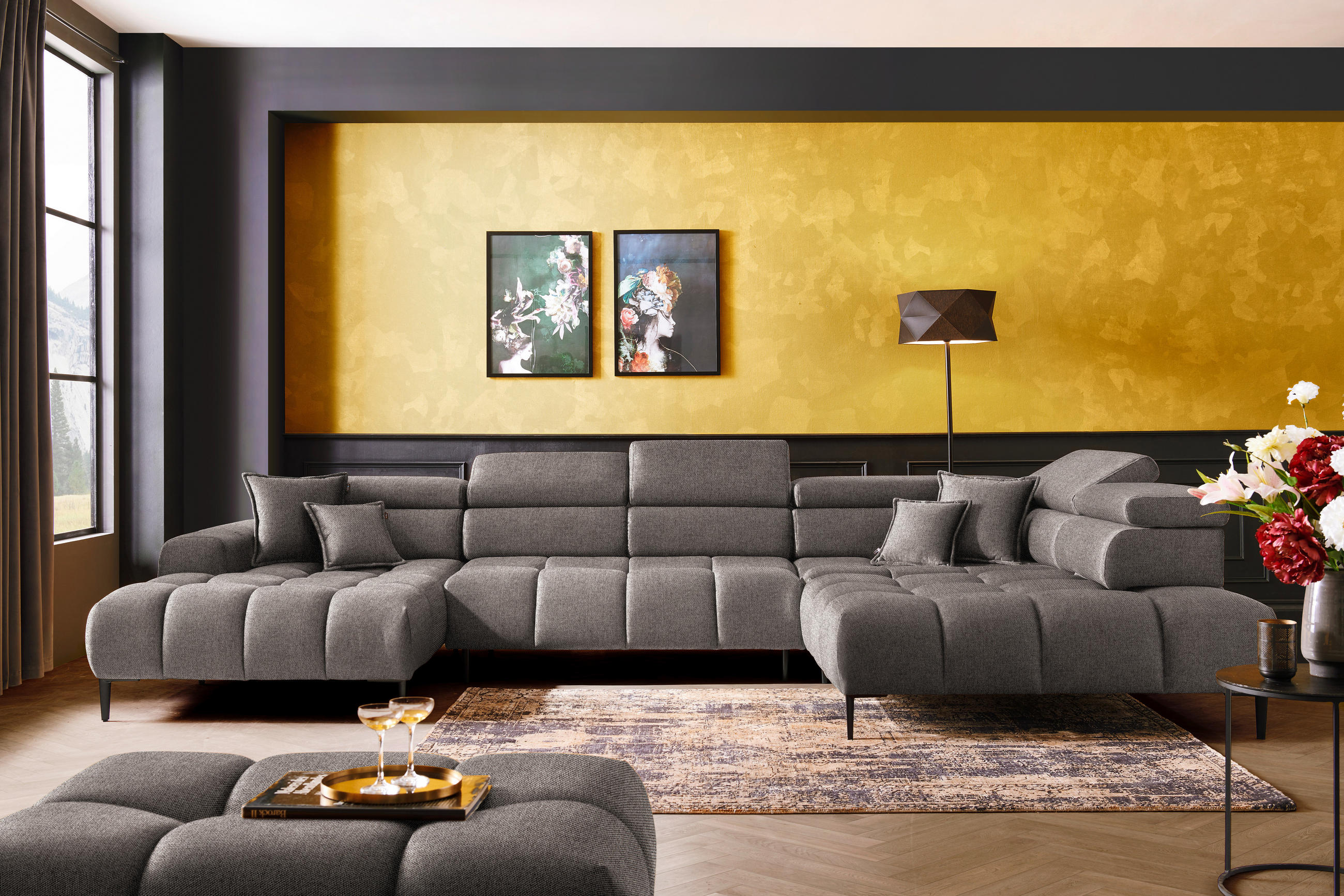 WOHNLANDSCHAFT Greige Webstoff  - Greige/Schwarz, Design, Textil/Metall (177/385/216cm) - Welnova