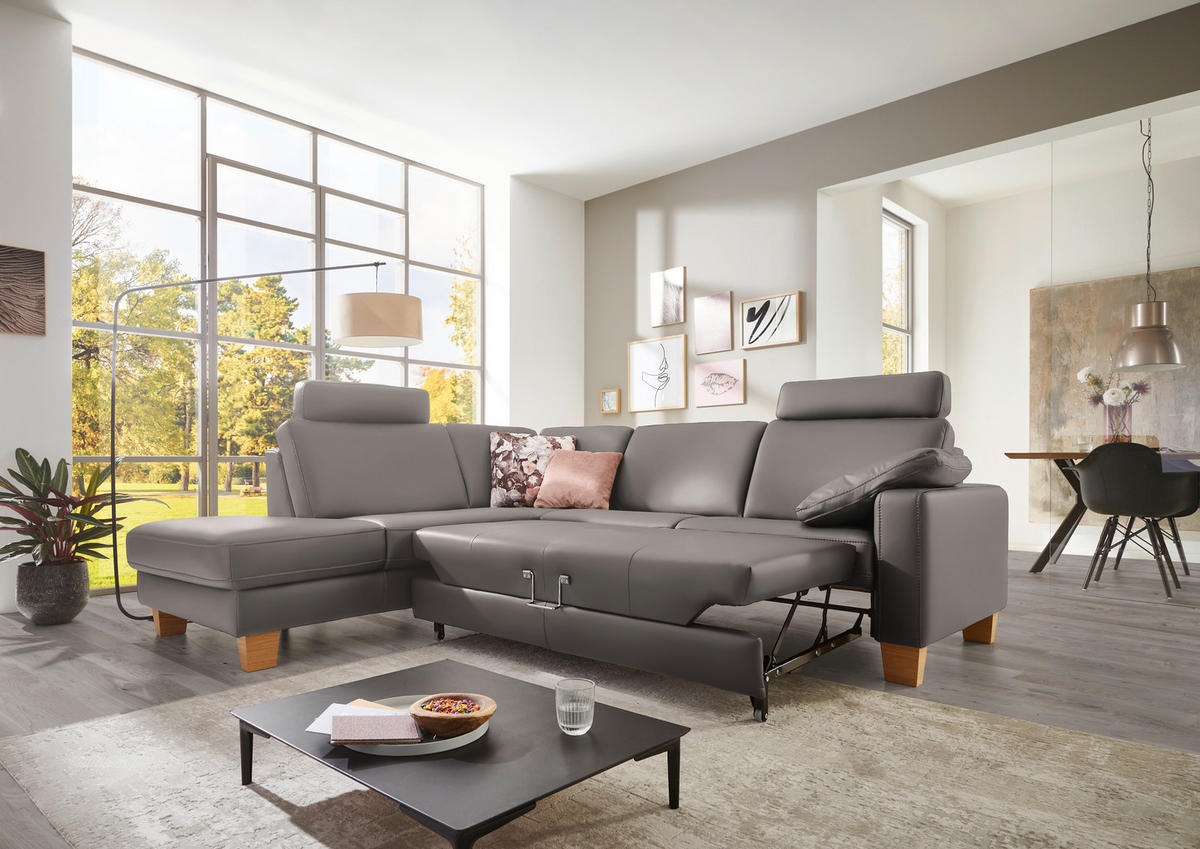 ECKSOFA in Echtleder Hellgrau  - Eiche Bianco/Hellgrau, Konventionell, Leder/Holz (235/257cm) - Valdera