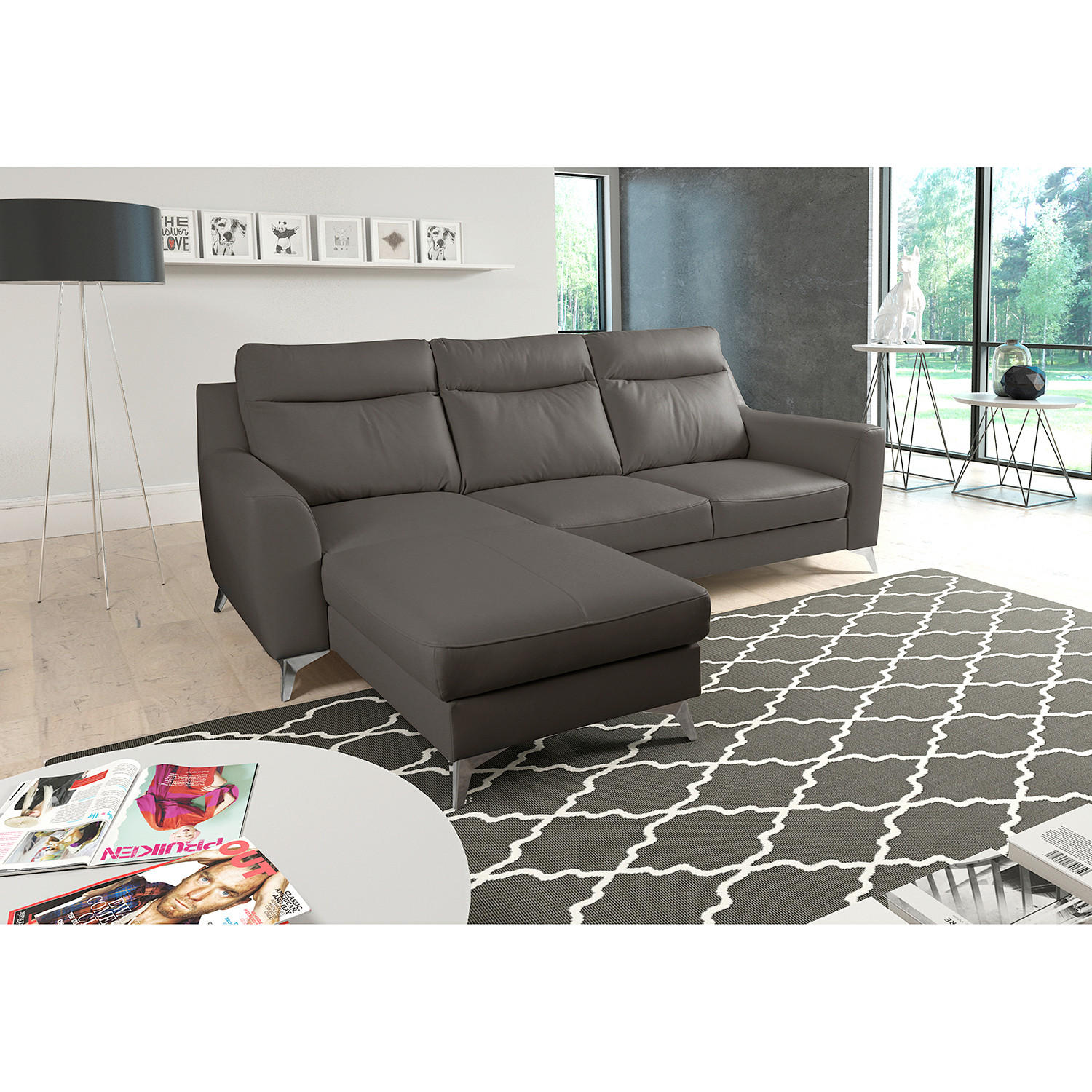 ECKSOFA Lederlook Echtleder Dunkelbraun  - Chromfarben/Dunkelbraun, Design, Leder/Textil (168/236cm) - Livetastic