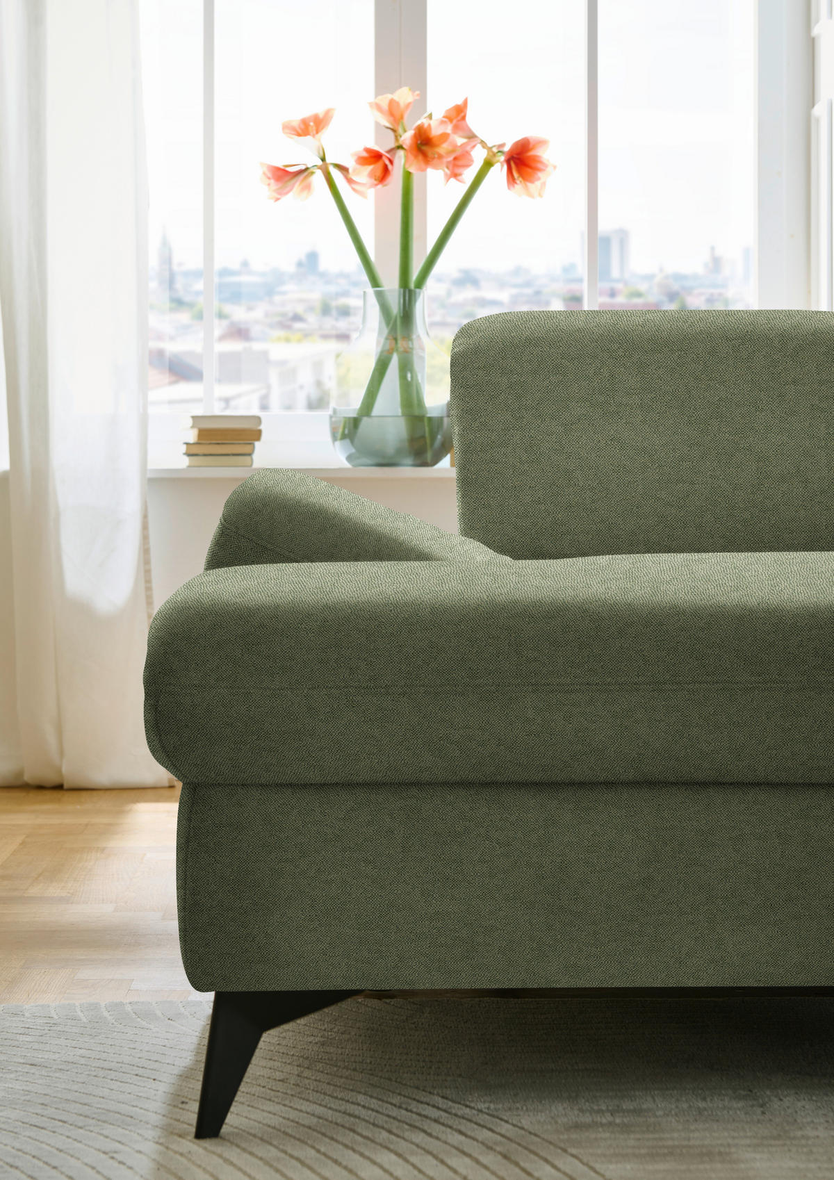 WOHNLANDSCHAFT  in Chenille Olivgrün  - Schwarz/Olivgrün, Design, Textil/Metall (198/364/255cm) - Beldomo Style