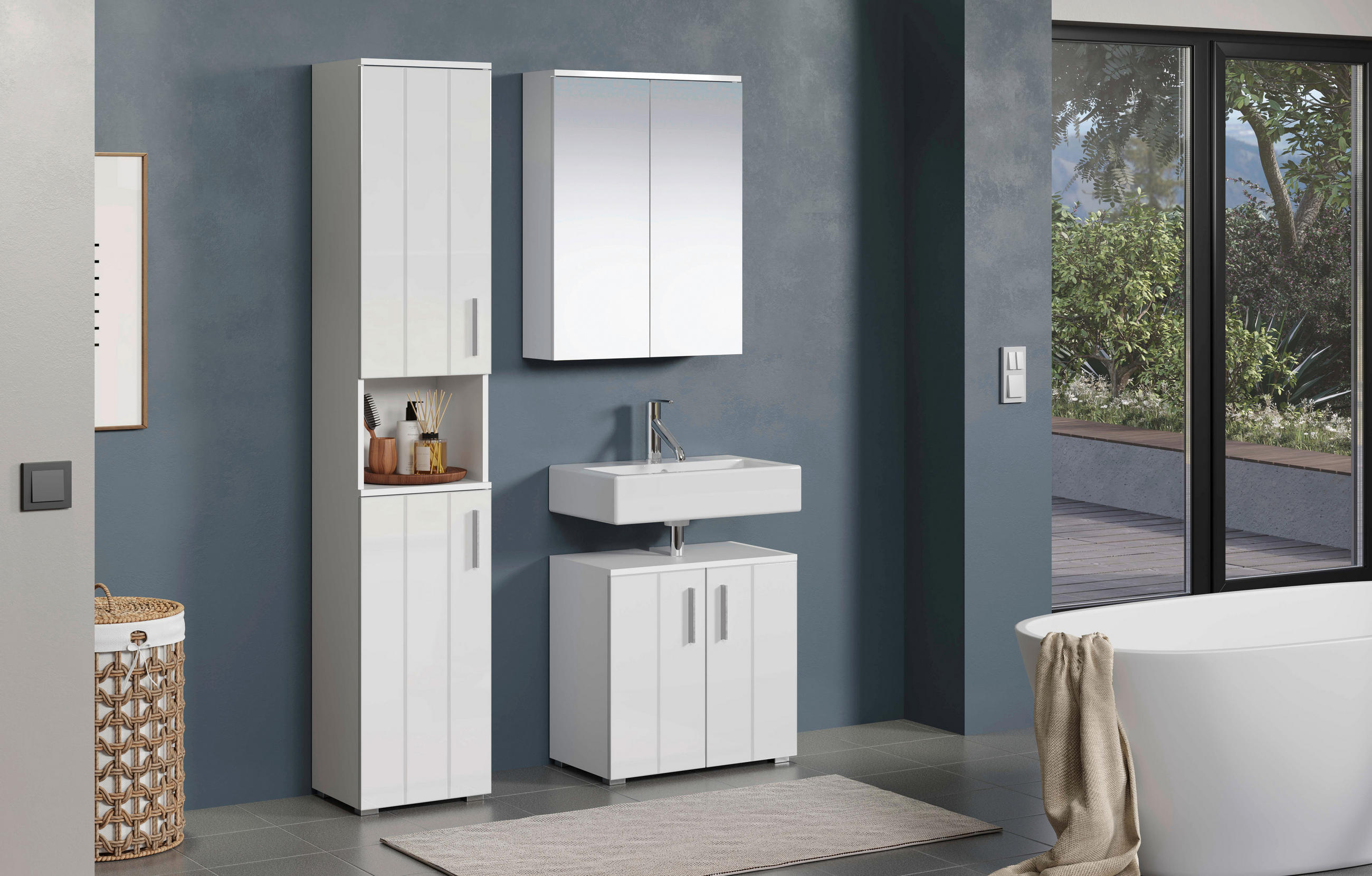 KOUPELNA bílá, vysoce lesklá bílá  - bílá/barvy stříbra, Trend, kompozitní dřevo/plast (112/192/32cm) - MID.YOU