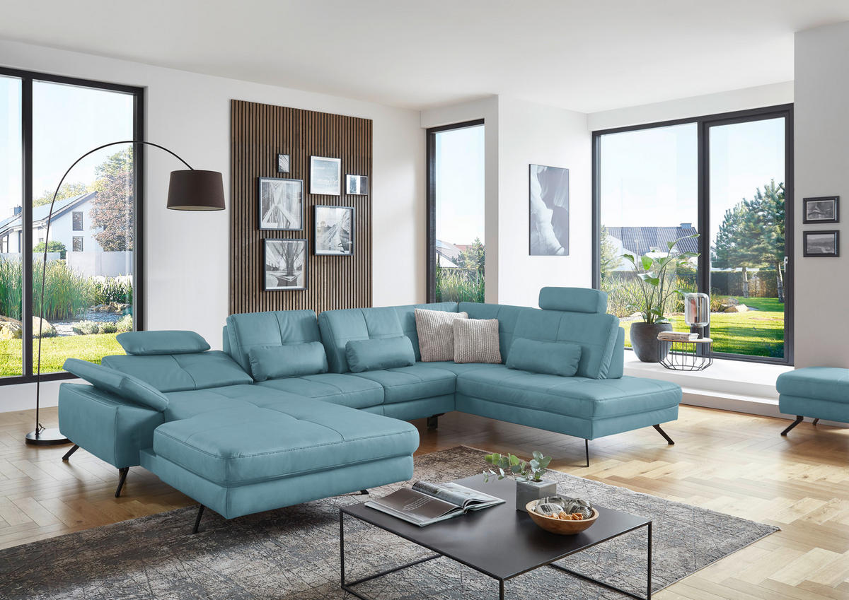 WOHNLANDSCHAFT in Lederlook, Mikrofaser Blau  - Blau/Schwarz, Design, Textil/Metall (345/220cm) - Beldomo System
