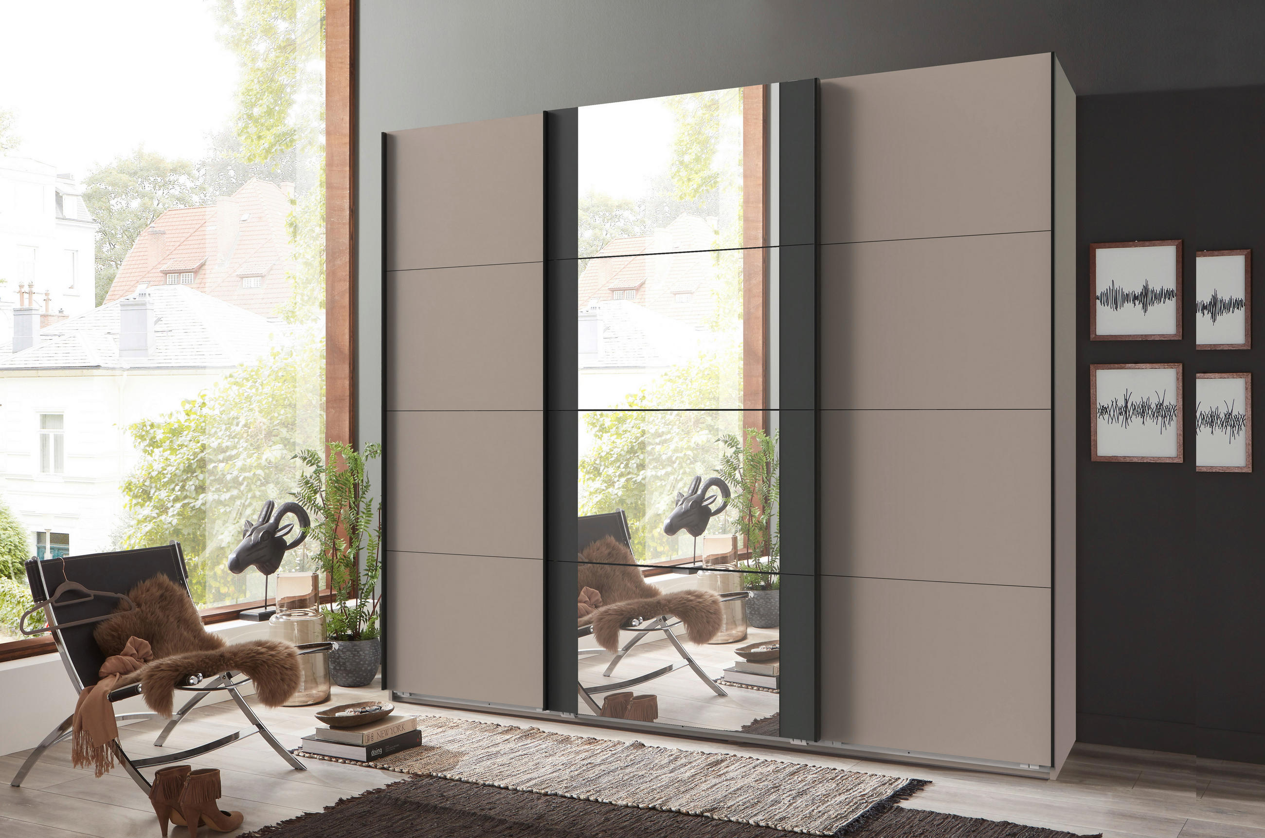 SCHWEBETÜRENSCHRANK  in Graphitfarben, Sahara  - Schwarz/Graphitfarben, KONVENTIONELL, Glas/Holzwerkstoff (225/208/64cm) - Carryhome