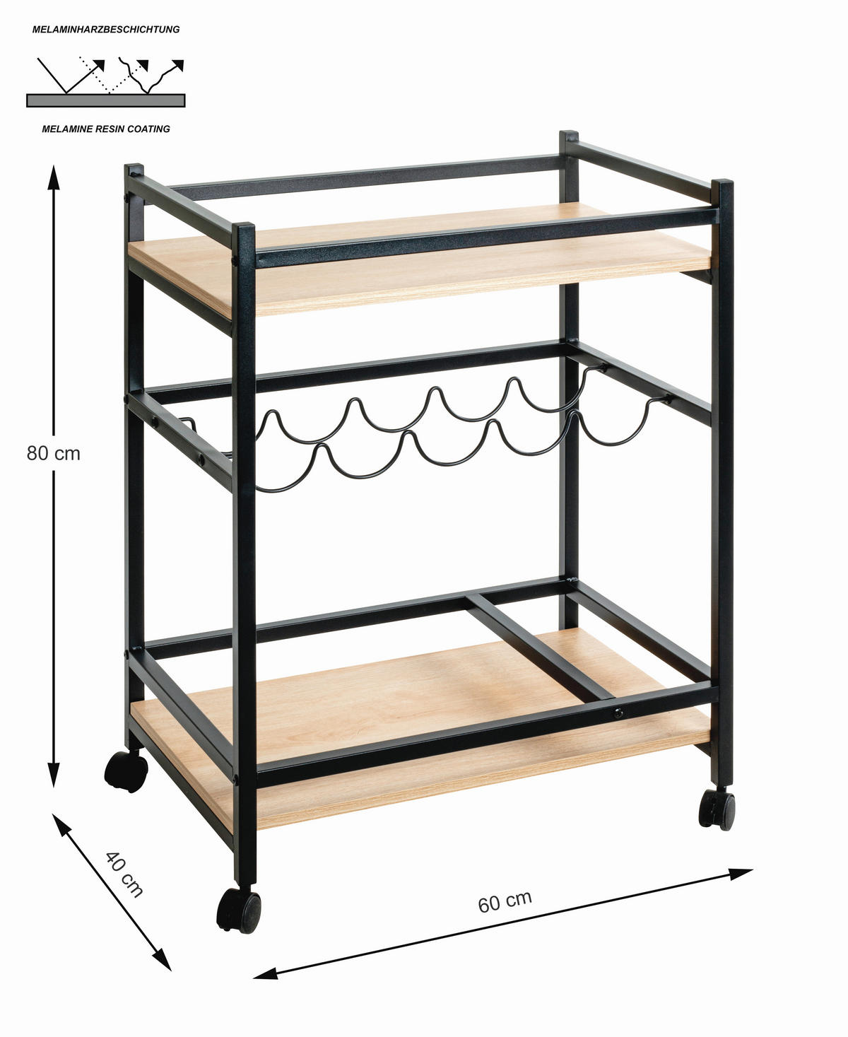 SERVIERWAGEN Schwarz, Eichefarben  - Kaschmir/Eichefarben, Trend, Holzwerkstoff/Kunststoff (60/40/80cm)