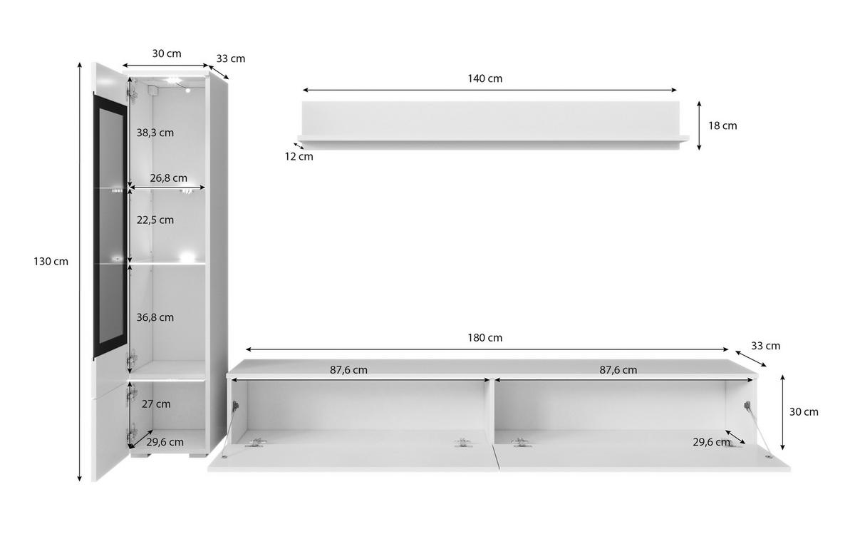 WOHNWAND 3-teilig  in Graphitfarben 210/130/33 cm  - Schwarz/Graphitfarben, Basics, Glas/Holzwerkstoff (210/130/33cm) - P & B