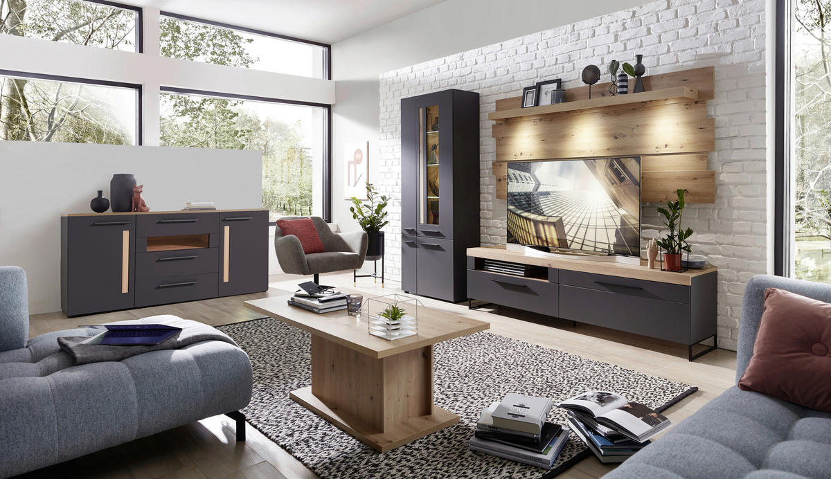 FLEKSIBILNI REGAL ZA SOBU grafitno siva, boja hrasta   - boja hrasta/zlatna, Moderno, staklo/metal (288/201/44cm) - Hom`in