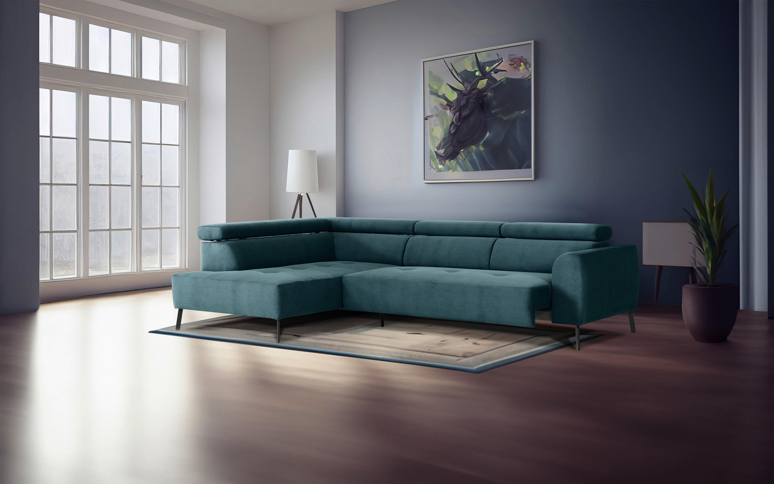 ECKSOFA Türkis Feincord  - Türkis/Schwarz, Design, Textil/Metall (205/280cm) - Xora