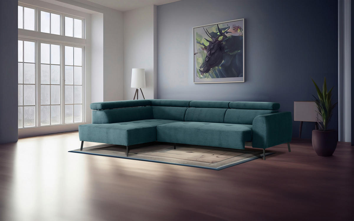ECKSOFA in Feincord Türkis  - Türkis/Schwarz, Design, Textil/Metall (205/280cm) - MID.YOU