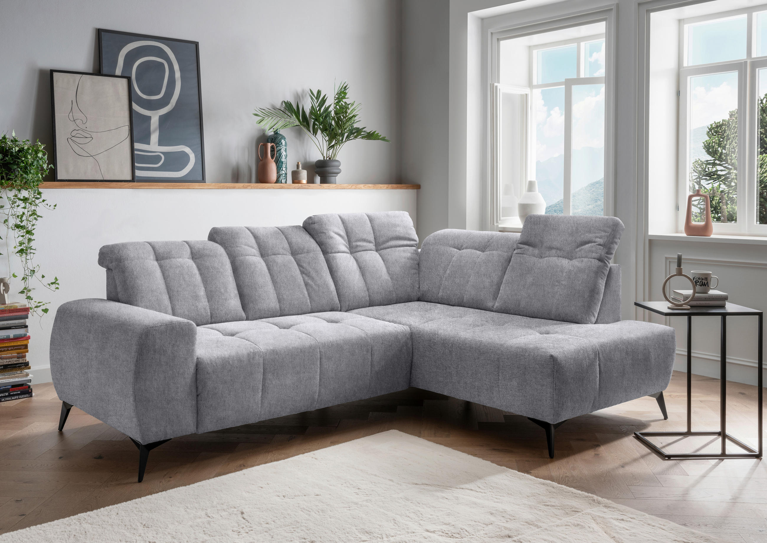 ECKSOFA in Mikrofaser Hellgrau - Hellgrau/Schwarz, Modern, Textil/Metall (261/200cm) - Livetastic