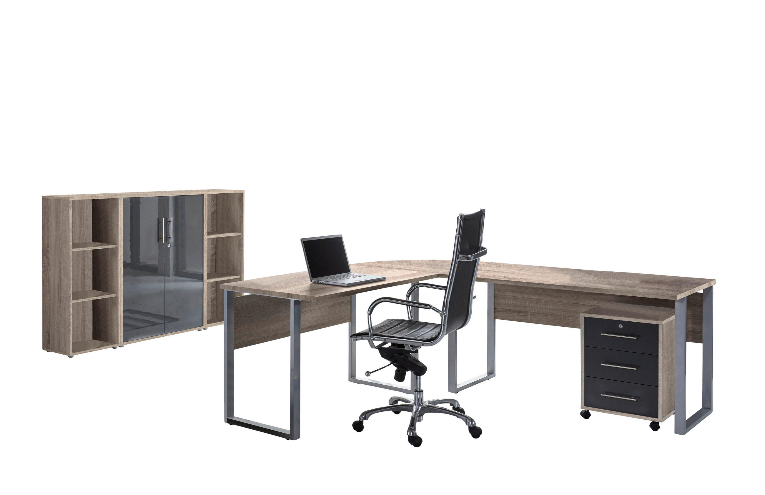 BÜRO erweiterbar, in verschiedenen Holz-Dekoren erhältlich, Schreibtisch seitenverkehrt montierbar, abschließbar Sonoma Eiche, Anthrazit Hochglanz - Anthrazit Hochglanz/Sonoma Eiche, MODERN, Holzwerkstoff - MID.YOU