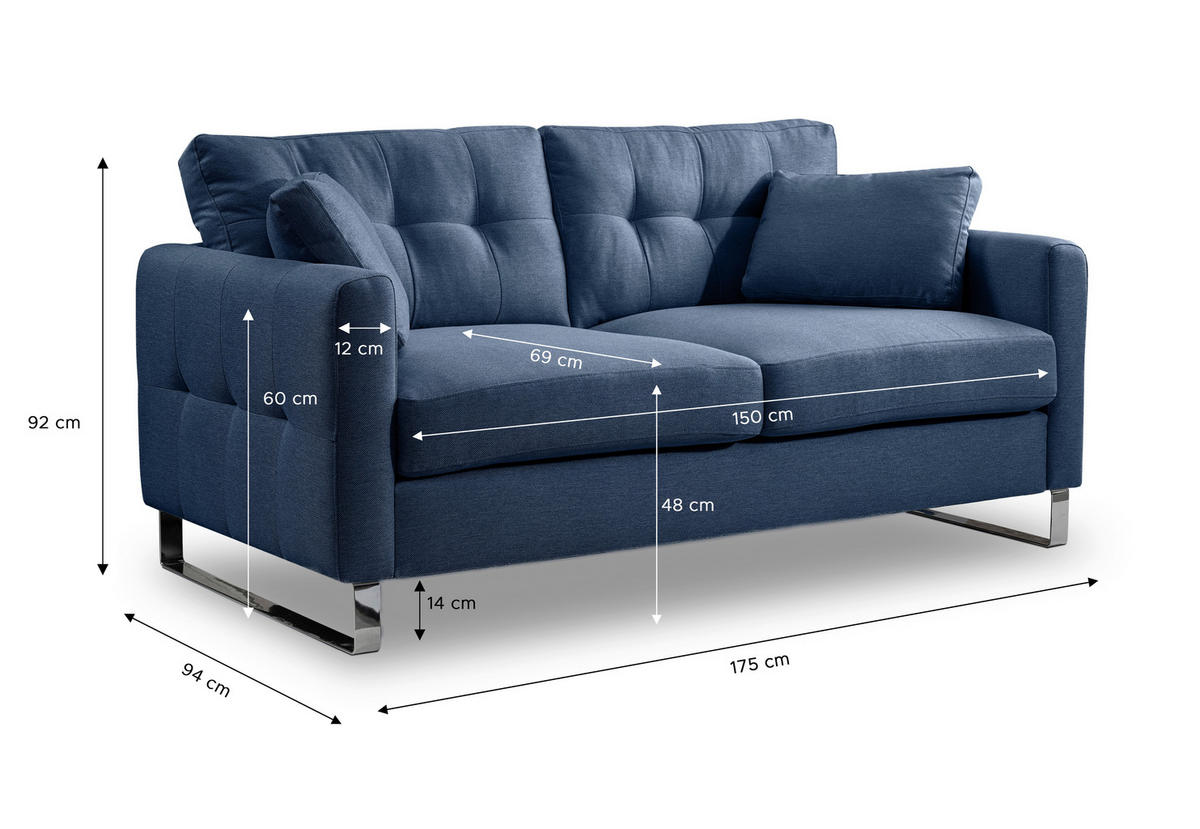 2-SITZER-SOFA HERA Flachgewebe Dunkelblau  - Chromfarben/Dunkelblau, Basics, Textil/Metall (172/94cm) - MID.YOU