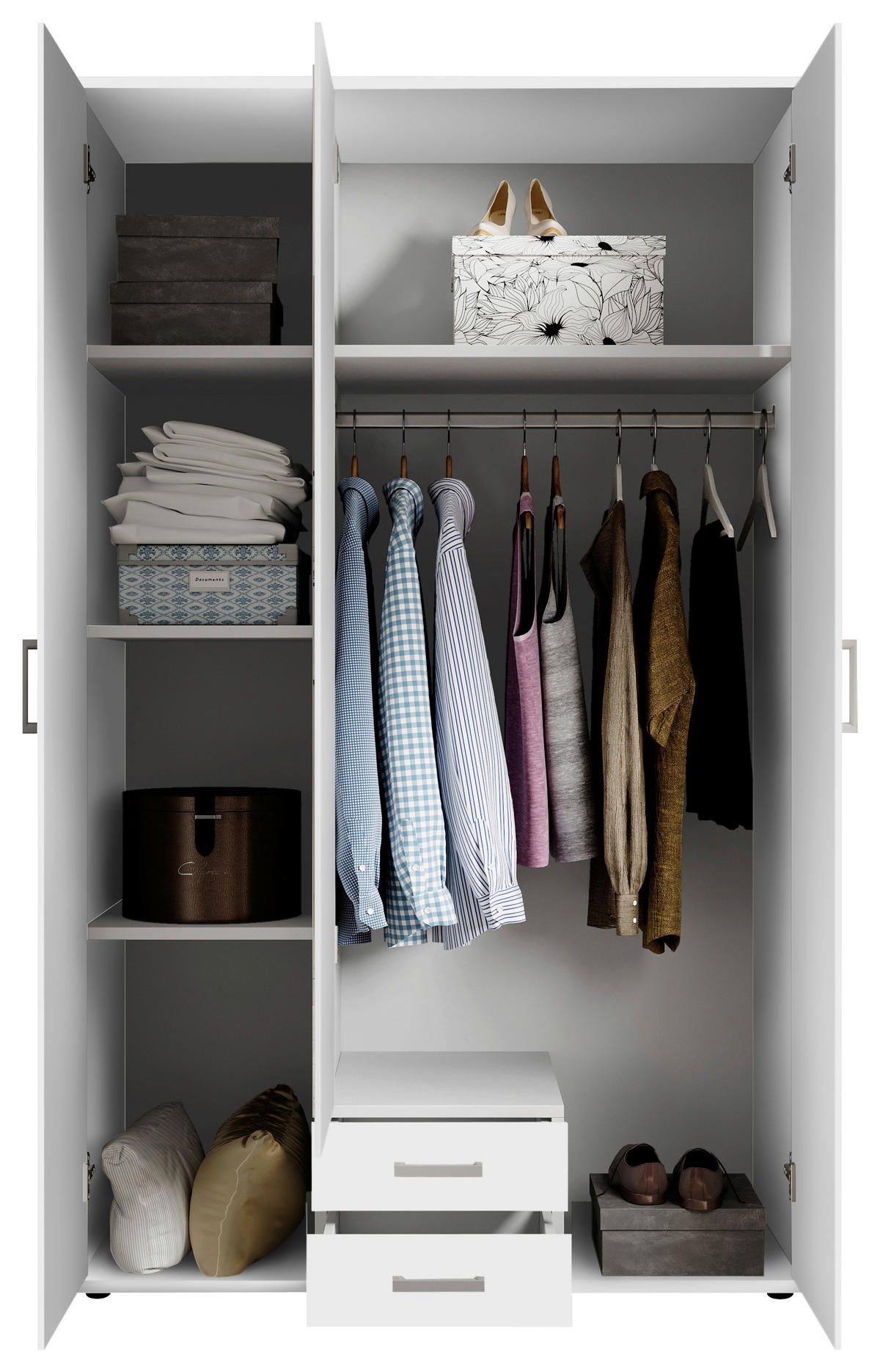 KLEIDERSCHRANK 120/196/53,5 cm 3-türig Weiß  - Alufarben/Weiß, KONVENTIONELL, Glas/Holzwerkstoff (120/196/53,5cm) - Boxxx