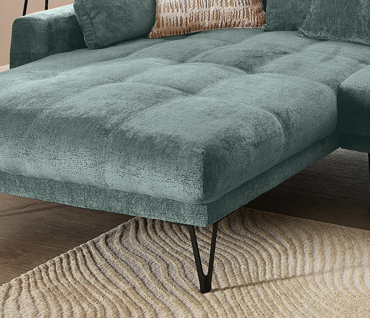 ECKSOFA GARDA Türkis Chenille Zierkissen, Rückenkissen, Nierenkissen, Rücken echt  - Türkis/Schwarz, KONVENTIONELL, Textil/Metall (192/310cm) - Livetastic