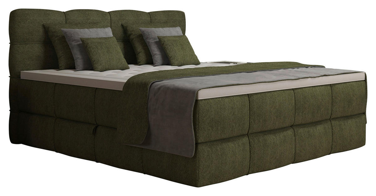 BOXSPRINGBETT 180/200 cm,  in Grün, gepolstertes Kopfteil, Bettkasten, Topper, Matratzen, H3 + H3 = fest  - Schwarz/Grün, Design, Kunststoff/Textil (180/200cm) - Chameo