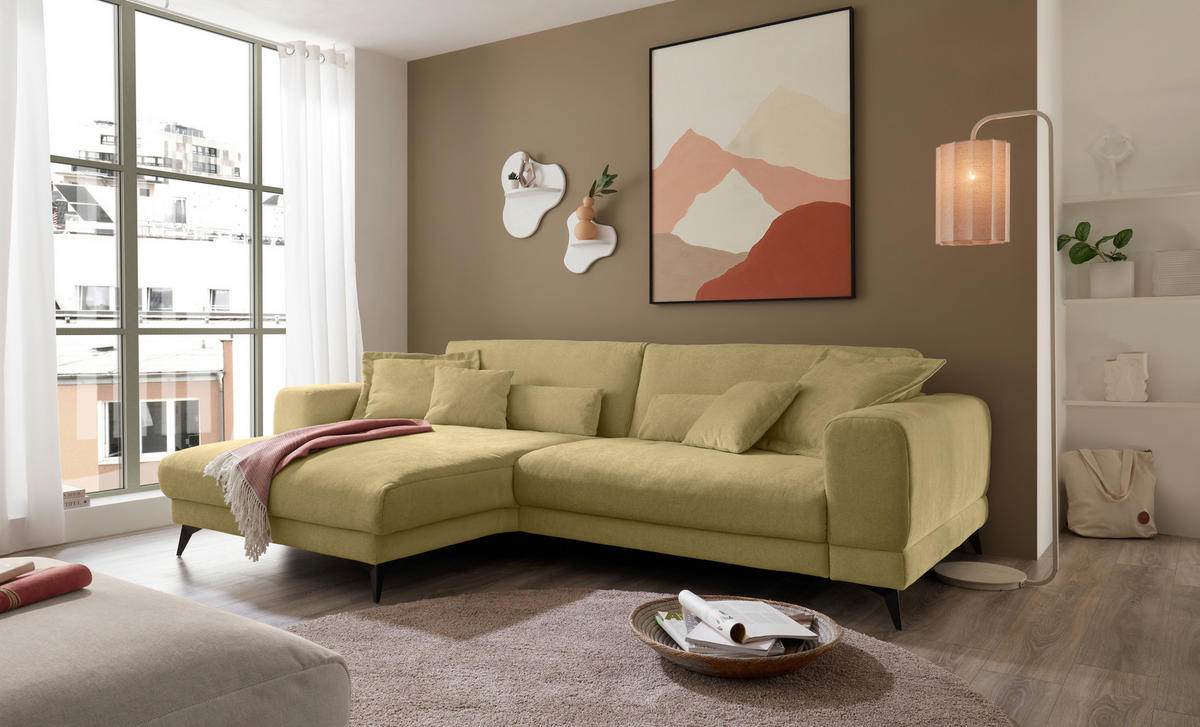 ECKSOFA Limette Chenille  - Limette/Schwarz, KONVENTIONELL, Textil/Metall (194/292cm) - SetOne by Musterring